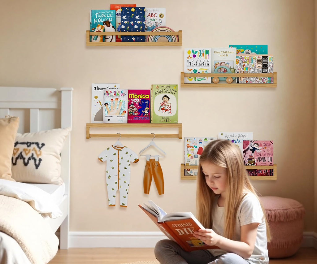 Gieanoo Nursery Floating Shelves – Set of 4 Solid Pine Wood Wall Bookshelves
