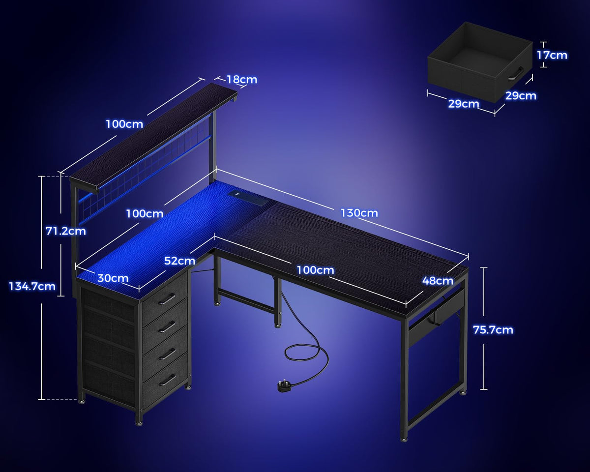 Coleshome L Shaped Gaming Desk with Drawers & Shelf, 130 × 100 cm - image 2
