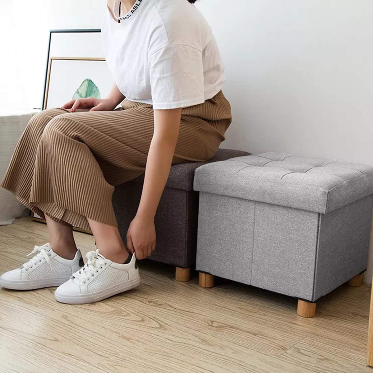 BRIAN & DANY Folding Storage Ottoman with Wood Legs - Light Gray Linen