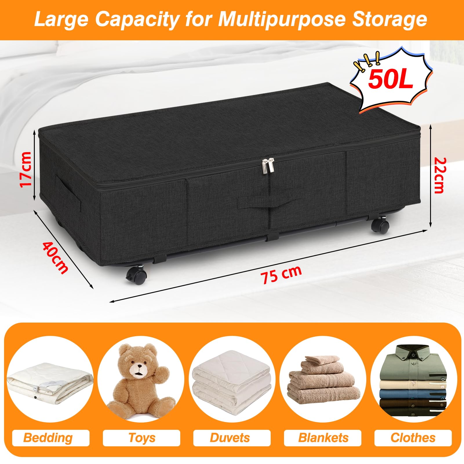 Huquter Underbed Storage on Wheels | 2-Pack 50L Foldable Metal Bins