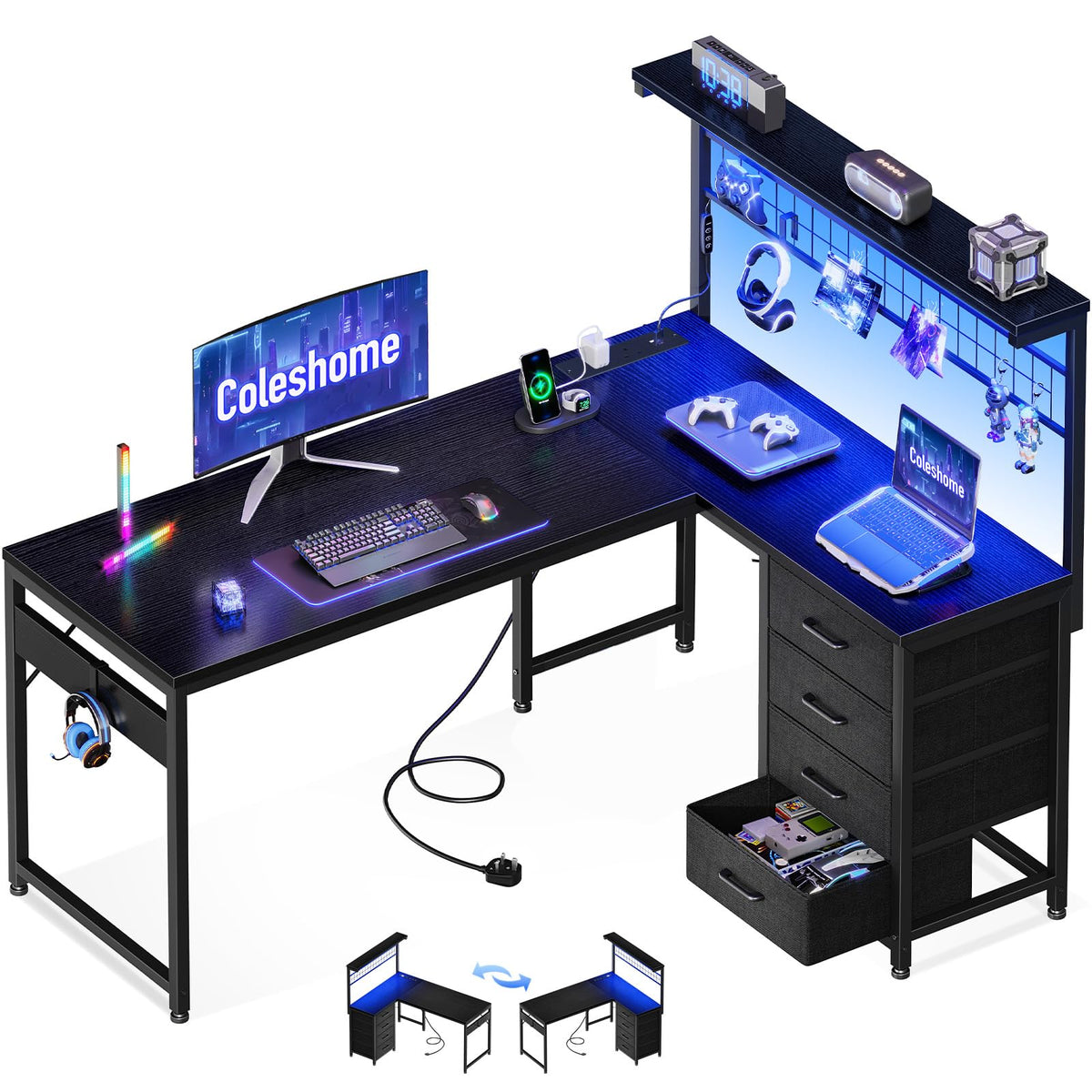 Coleshome L Shaped Gaming Desk with Drawers & Shelf, 130 × 100 cm - image 1