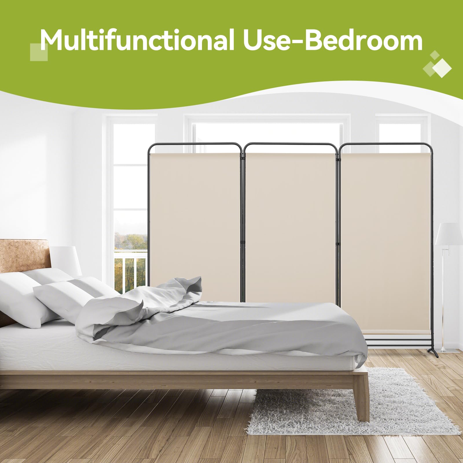 Angel Living 3-Panel Room Divider | Folding Privacy Screen for Garden, Beige