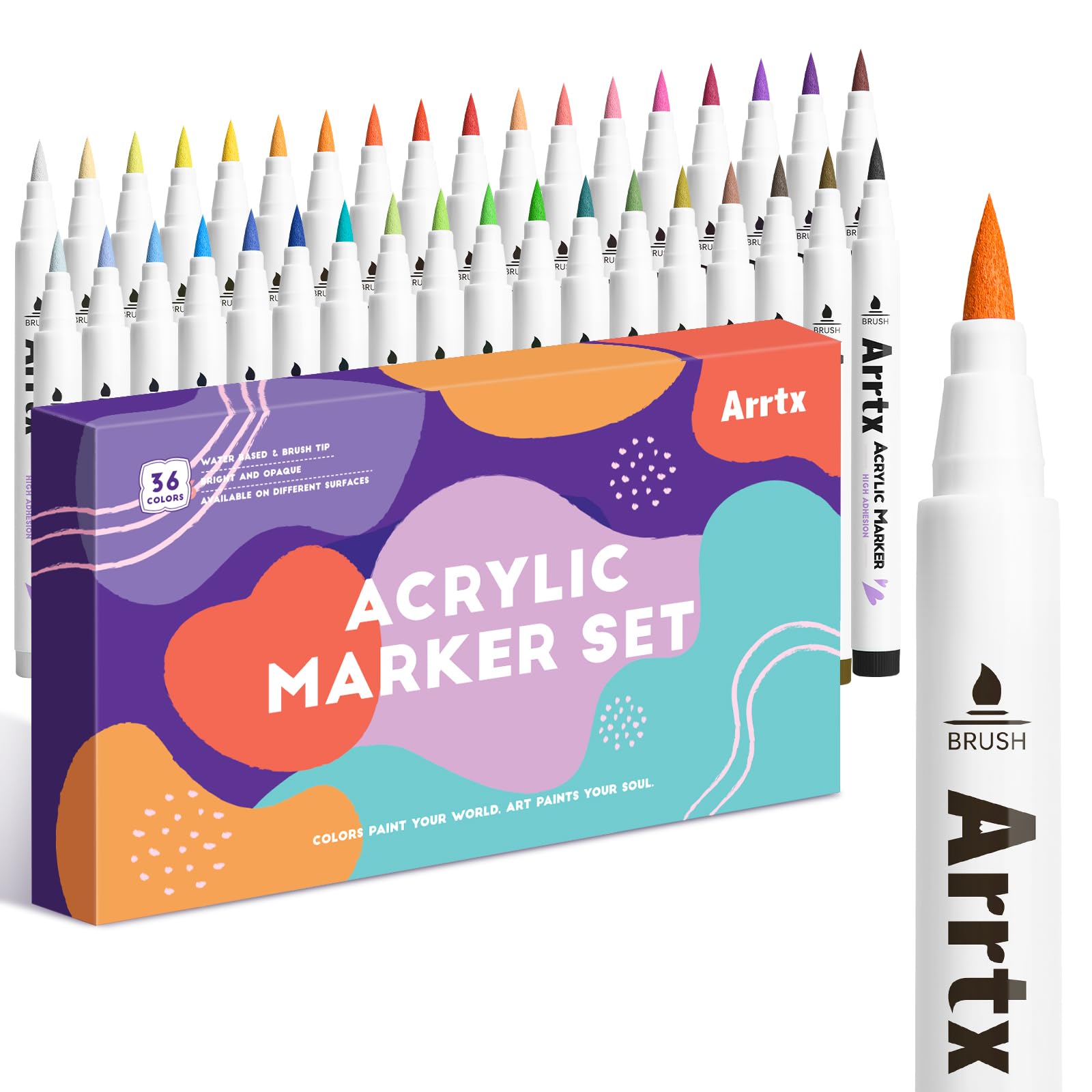 Arrtx Acrylic Paint Pens | 36 Colors Brush Tip Markers for Rock Painting
