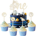 Haooryx 5Pcs Wood Outer Space ONE Cake Toppers | Rocket 1st Birthday Decor