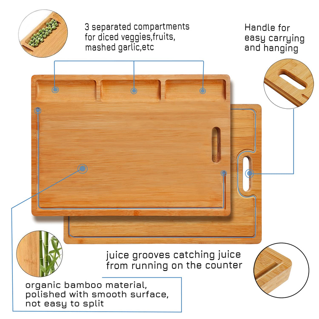 NIUXX Extra Large Bamboo Cutting Board with Compartments & Juice Grooves