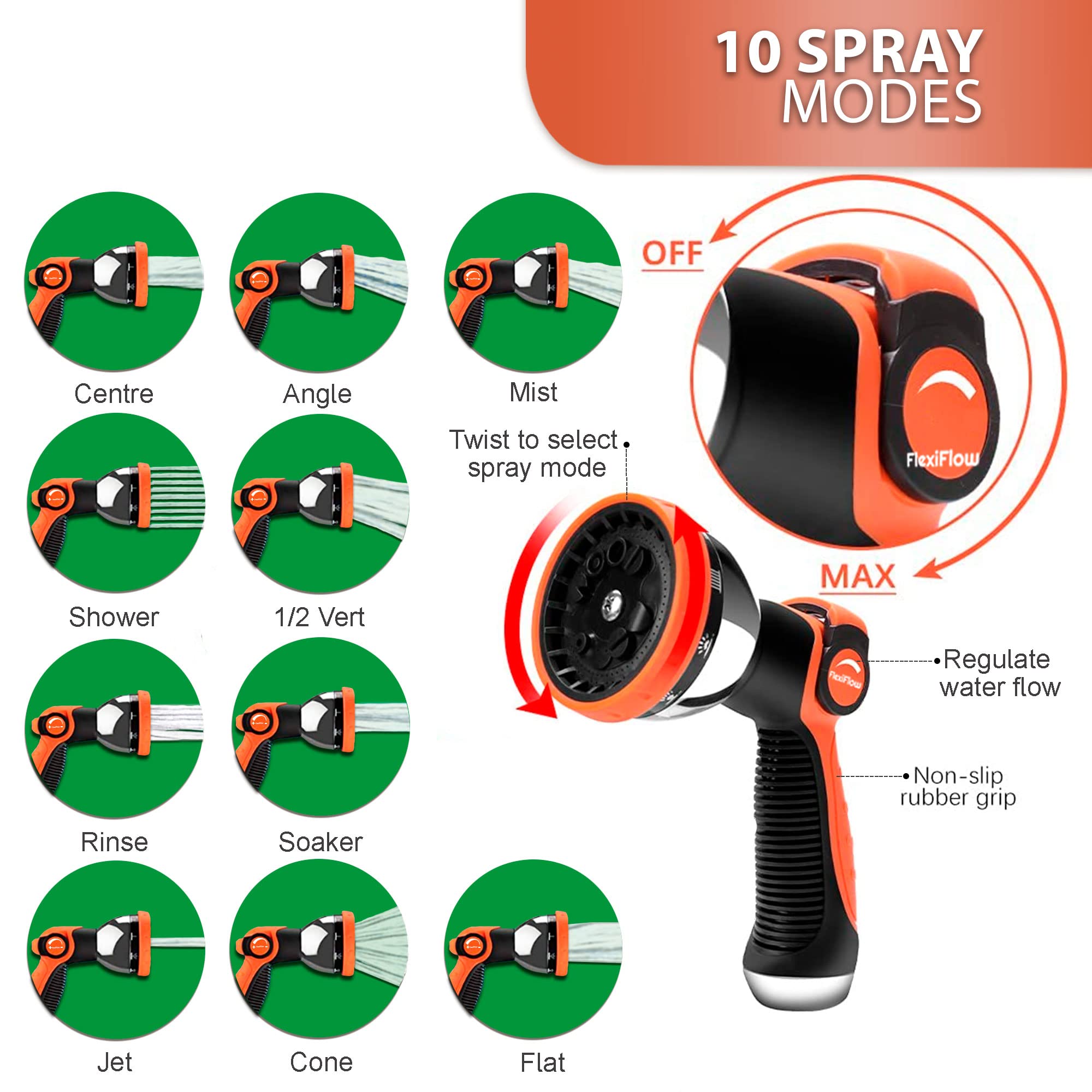 Flexiflow Expandable Garden Hose with 10-Function Spray Gun – 15m/50ft