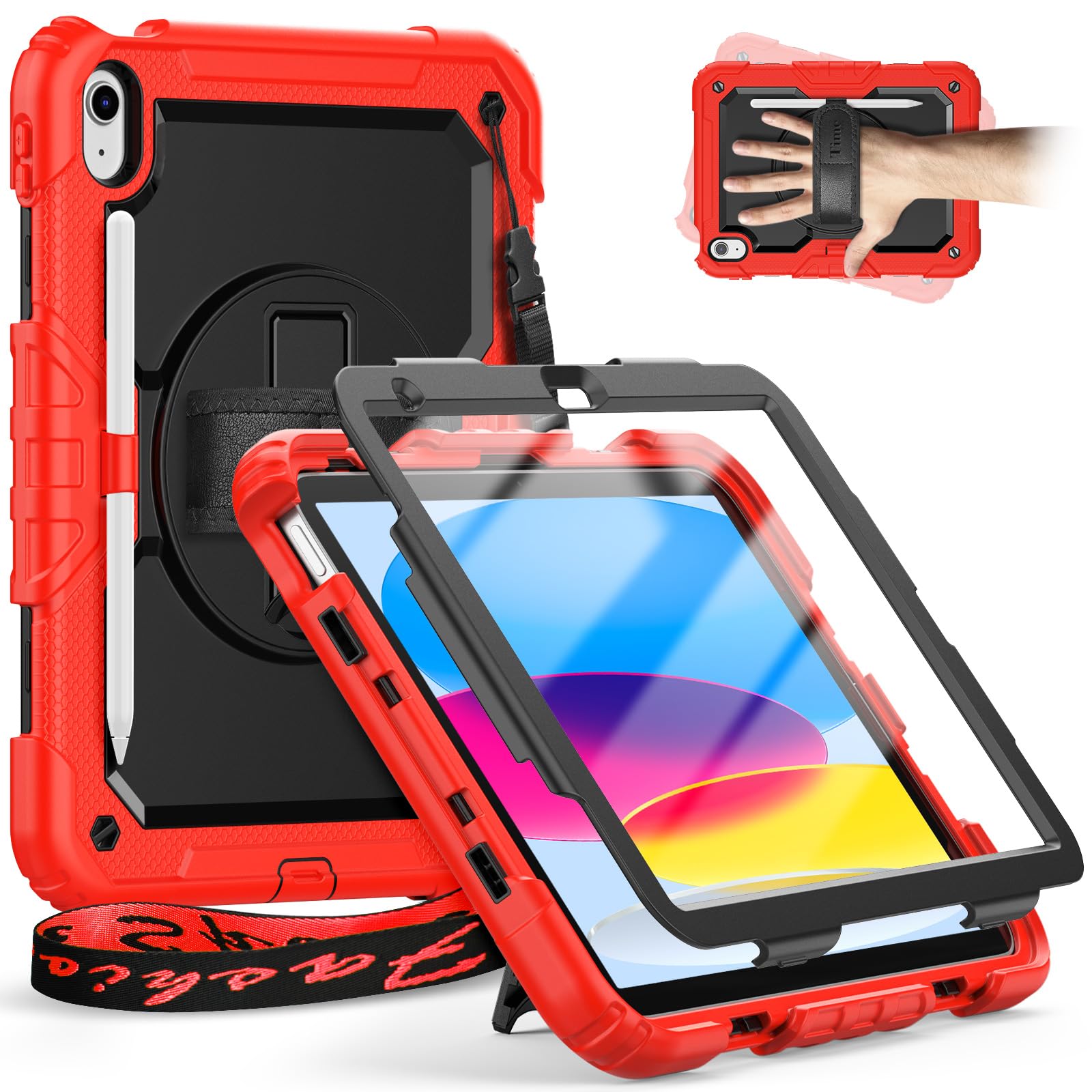 Timecity iPad 11th/10th Gen Case – Heavy Duty Cover with Stand, Red