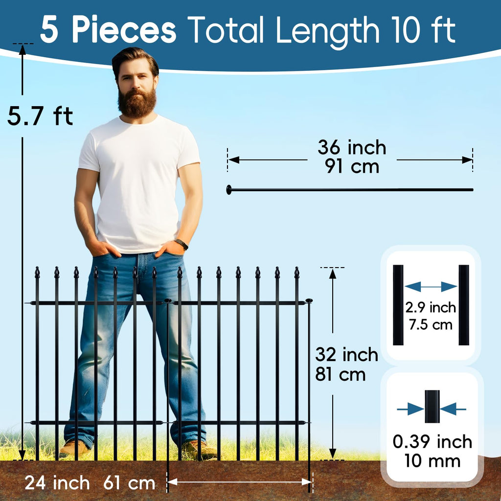 Thealyn Metal Garden Fence – 5 Panels No-Dig Decorative Dog Fence, Black