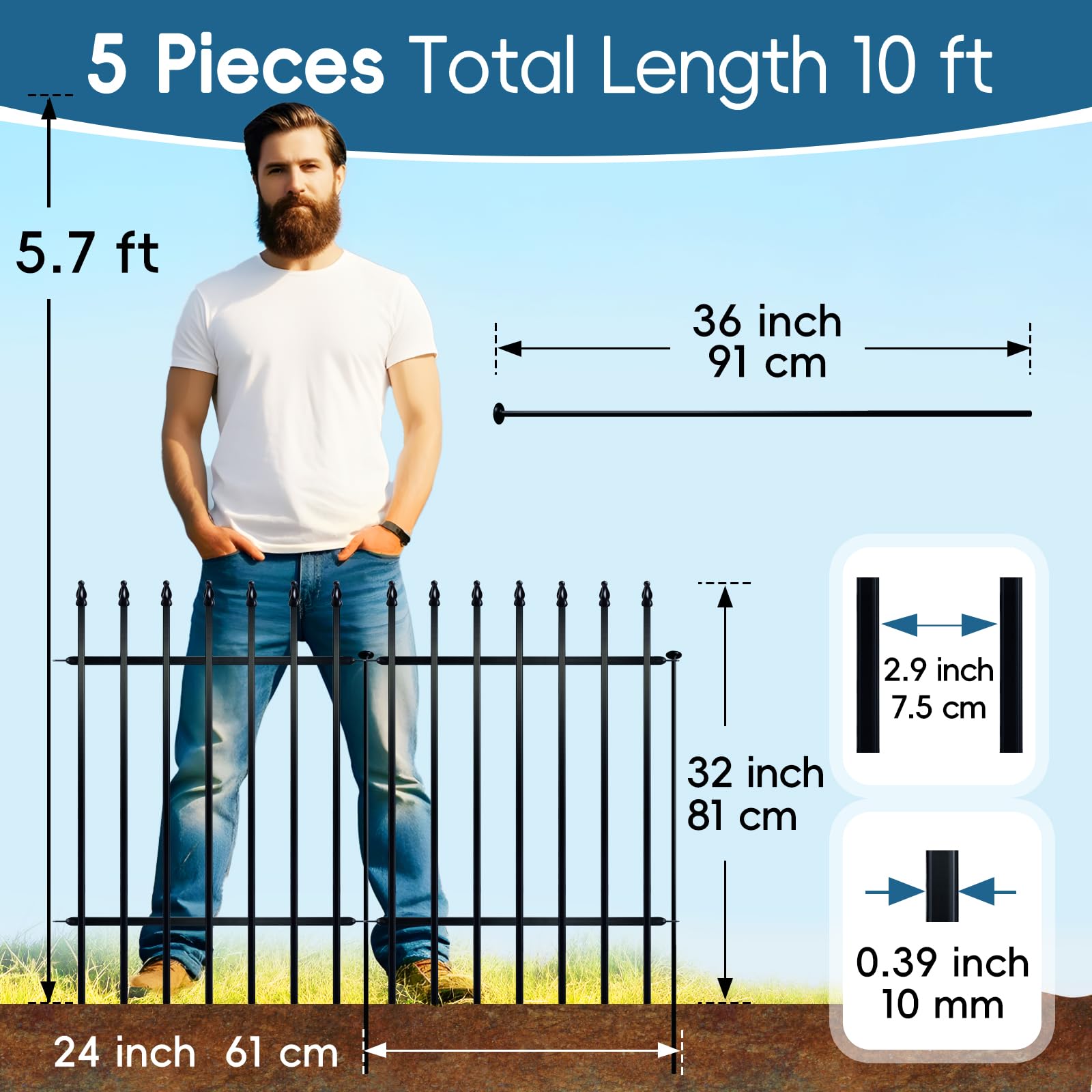 Thealyn Metal Garden Fence – 5 Panels No-Dig Decorative Dog Fence, Black