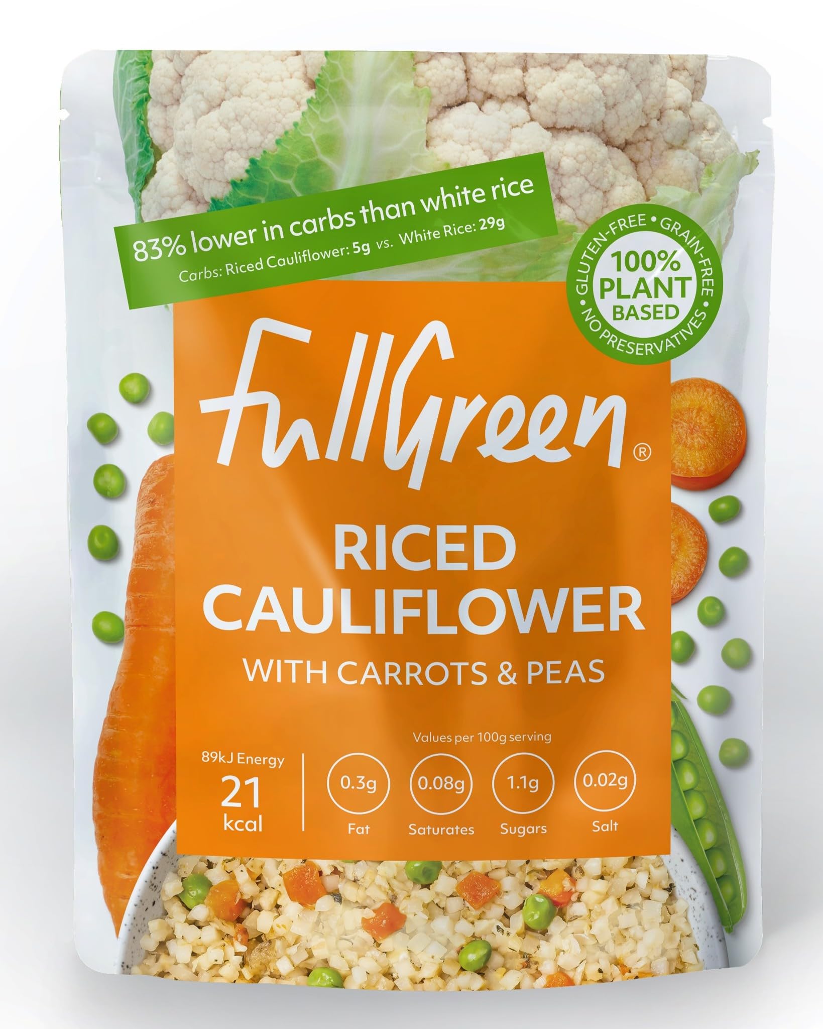 Fullgreen Riced Cauliflower with Carrots & Peas – Keto & Vegan (6 Pack)