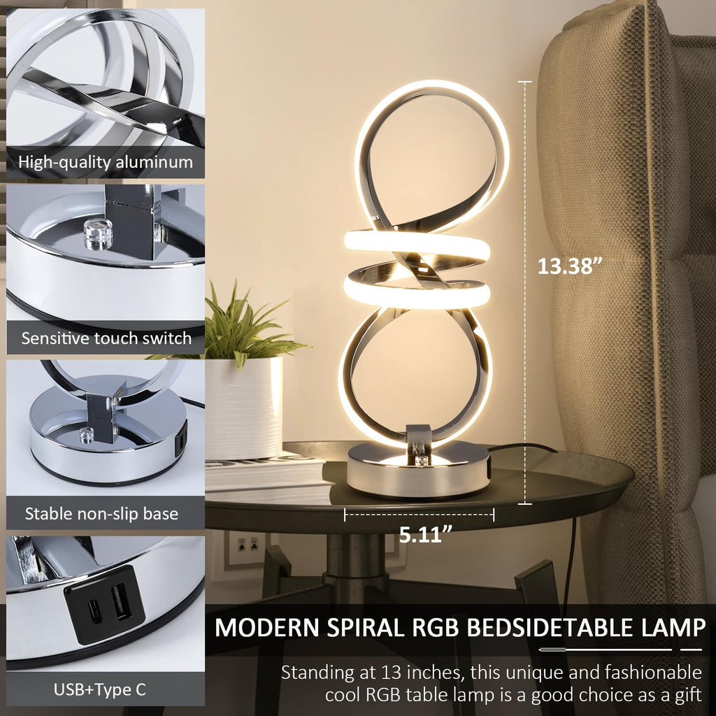 EIDISUNY RGB Bedside Table Lamp – Dimmable Touch Control with USB Ports