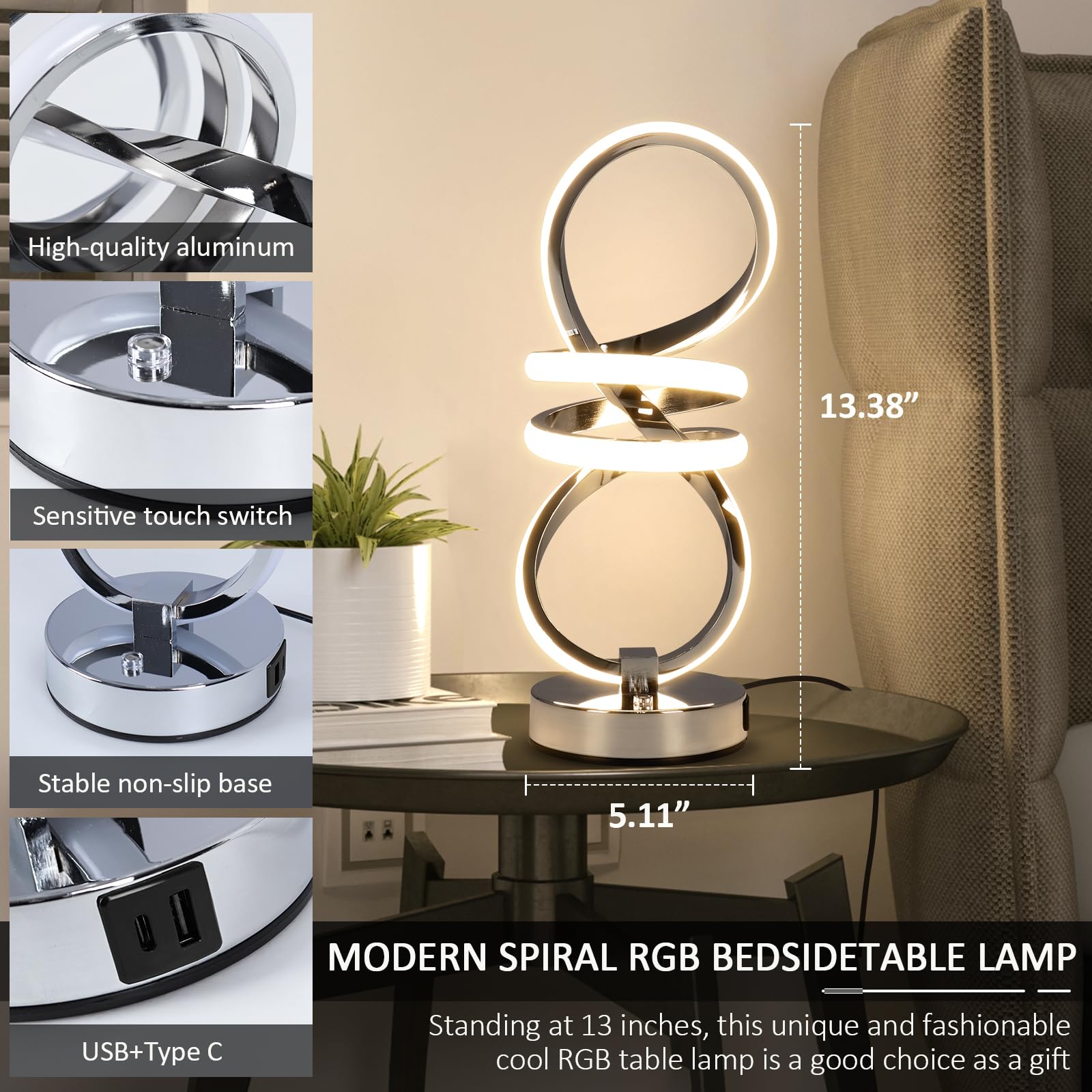 EIDISUNY RGB Bedside Table Lamp – Dimmable Touch Control with USB Ports