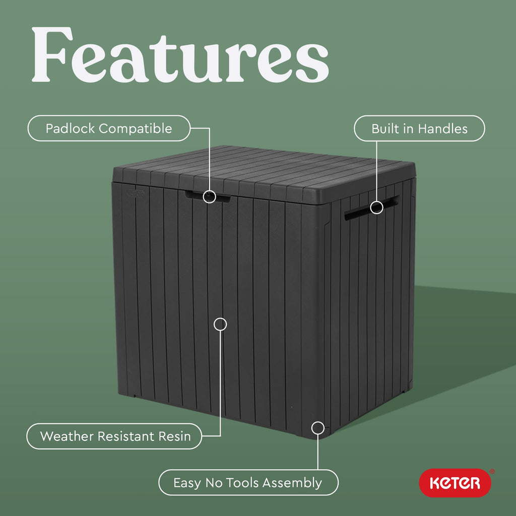 Keter City 30 Gallon Resin Outdoor Deck Box and Patio Side Table, Grey