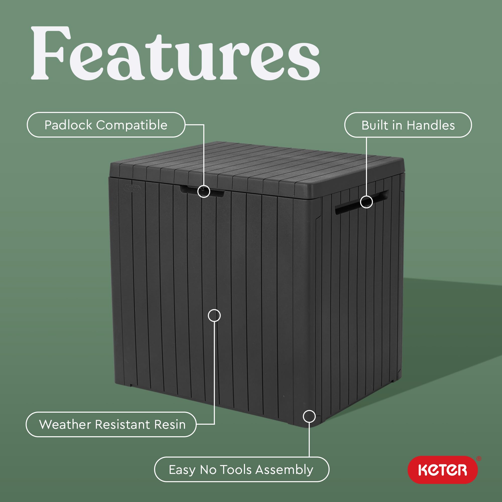 Keter City 30 Gallon Resin Outdoor Deck Box and Patio Side Table, Grey