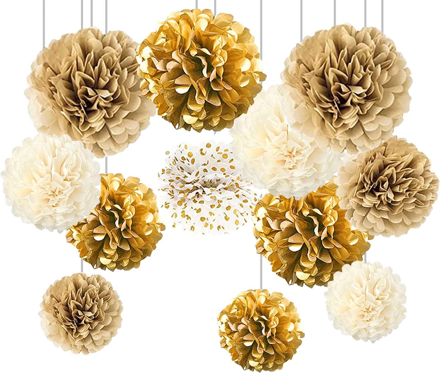 Jolof Store Gold & White Tissue Paper Pom Poms - 12pc Hanging Flowers