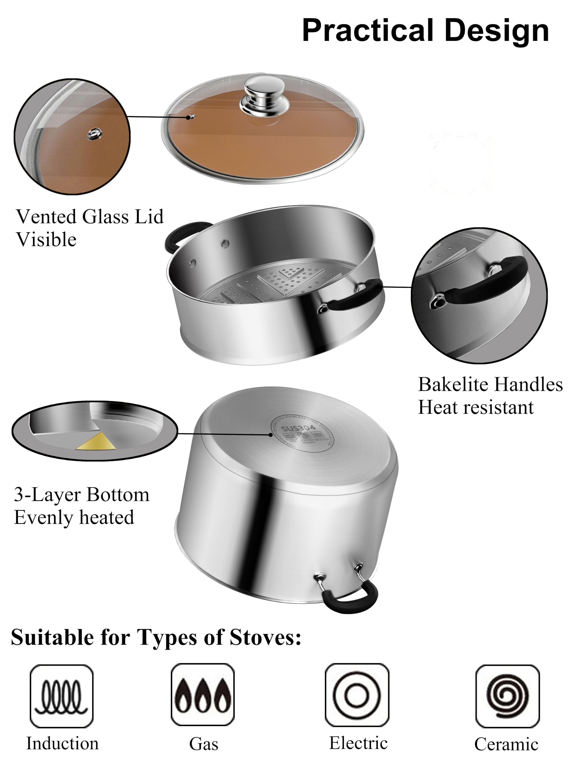 VENTION Stainless Steel Food Steamer - 22cm Induction Saucepan, 3.6L