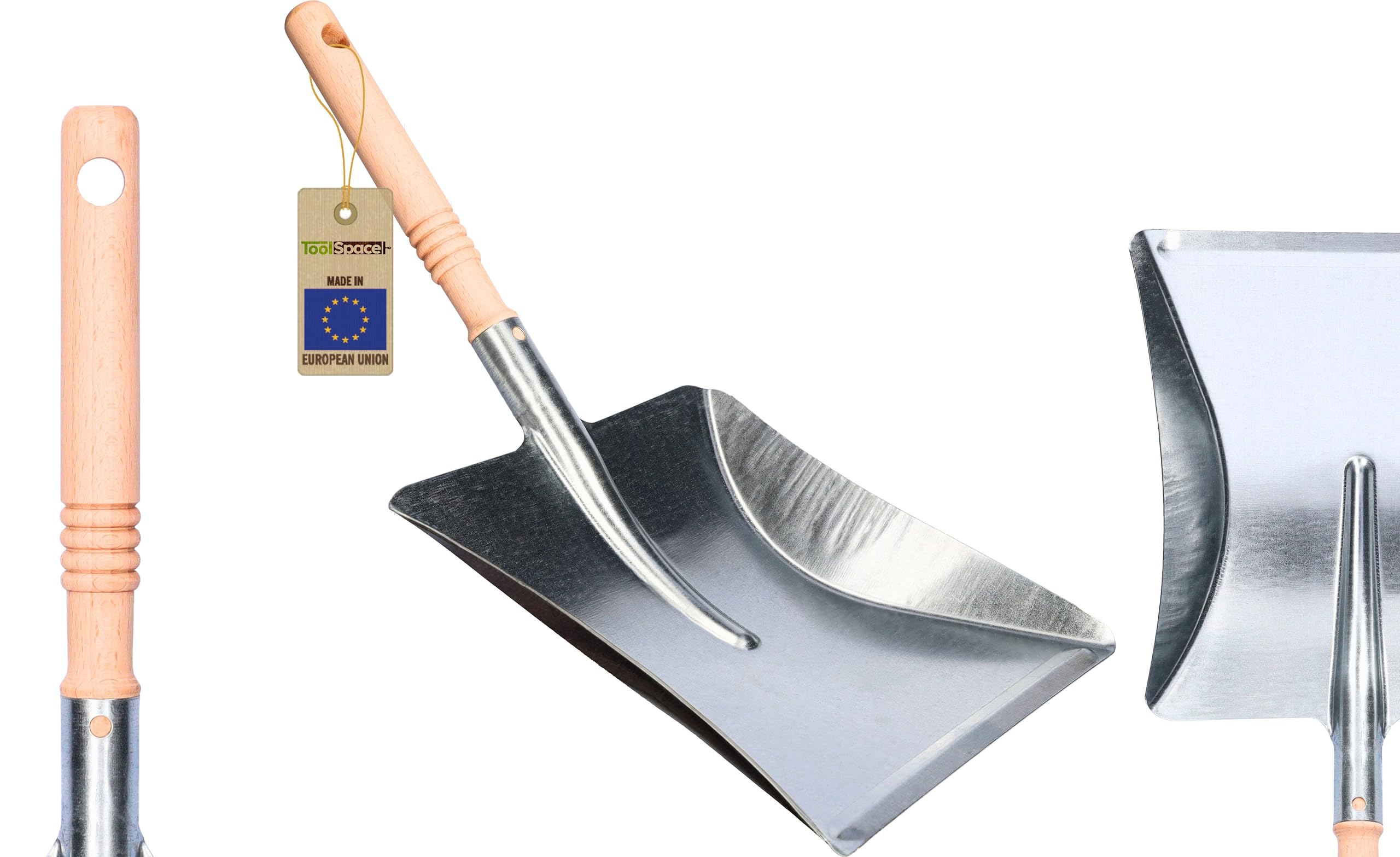 ToolSpace Galvanised Metal Dustpan with Beechwood Handle – Heavy Duty Shovel