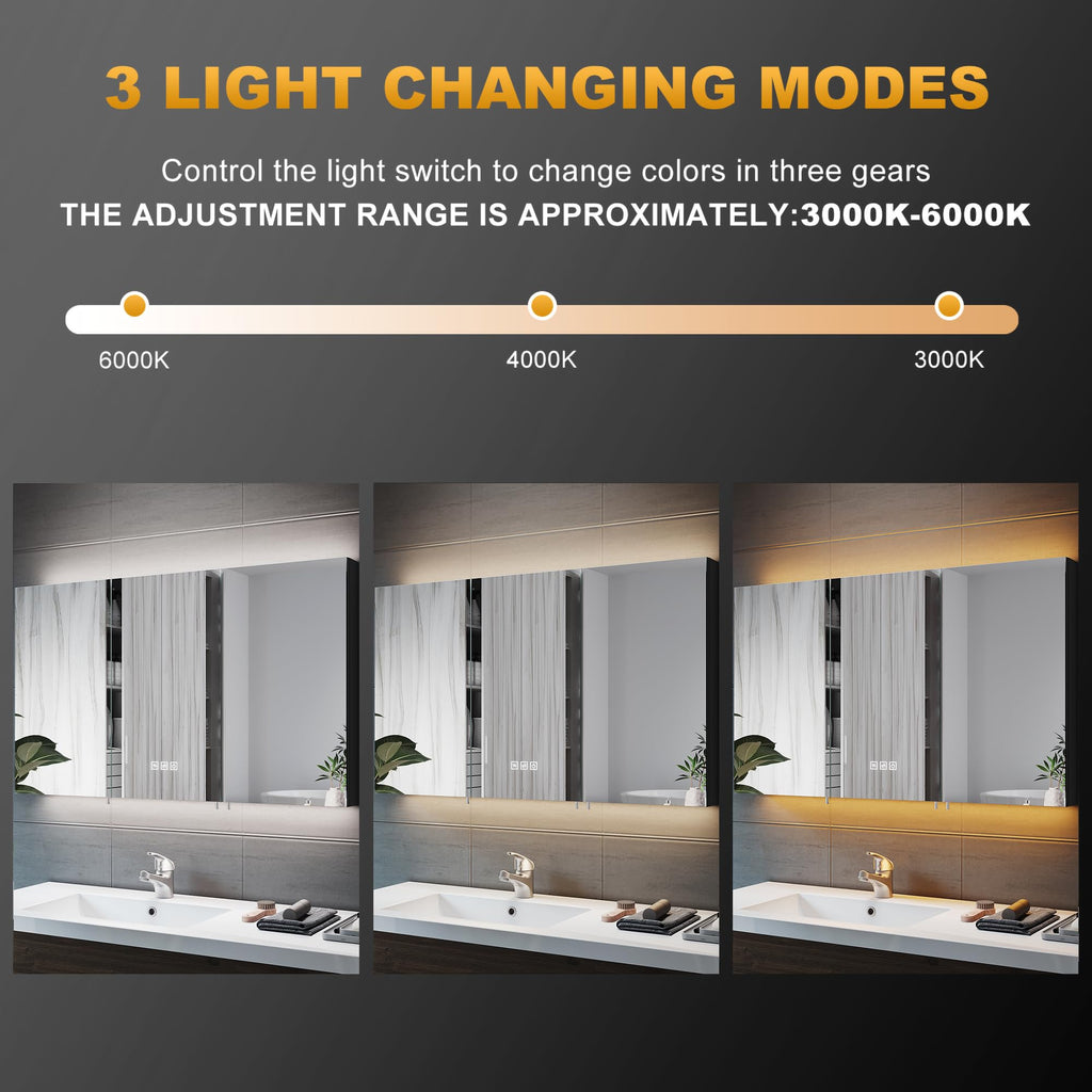 ELEGANT LED Bathroom Cabinet with Shaver Socket Triple Door Wall Mounted Black Bathroom Mirror Cabinets with Three-color Infinitely Dimmable and - image 2