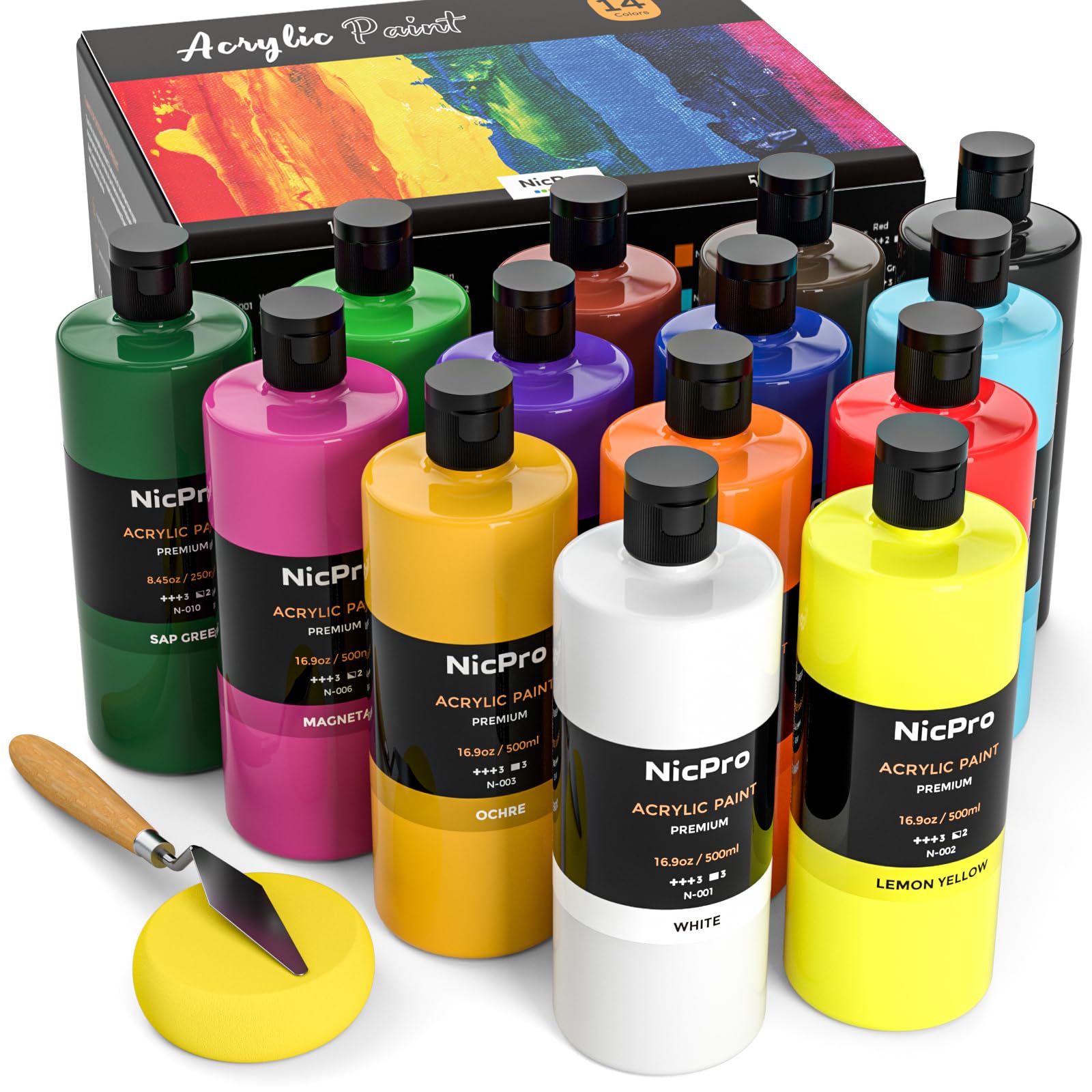 Nicpro 14 Color Bulk Acrylic Paint Set | 500ml Non-Toxic Art Supplies