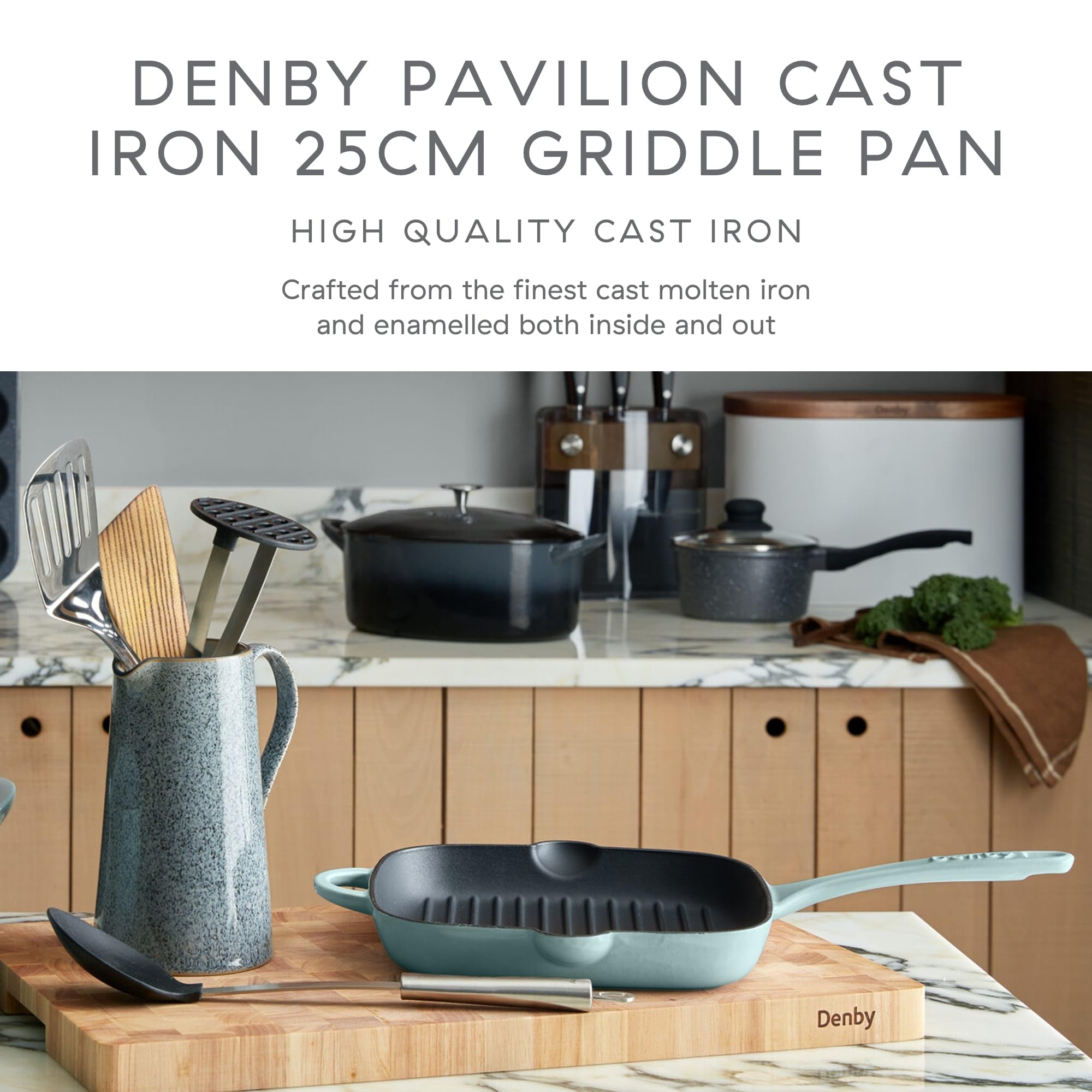 Denby Pavilion Blue Cast Iron Griddle Pan – 25cm Induction Safe