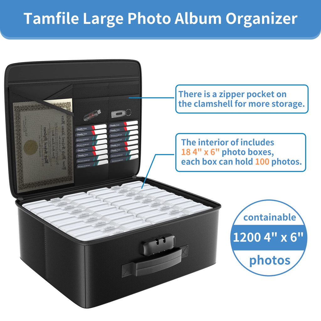 Tamfile Fireproof Photo Storage Box | 18 Case Organizer with Lock for 4x6