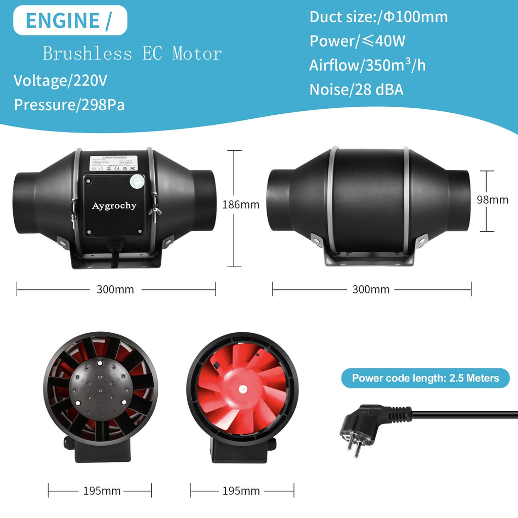 Aygrochy 4 Inch Inline Duct Fan with Variable Speed Controller | 205 CFM