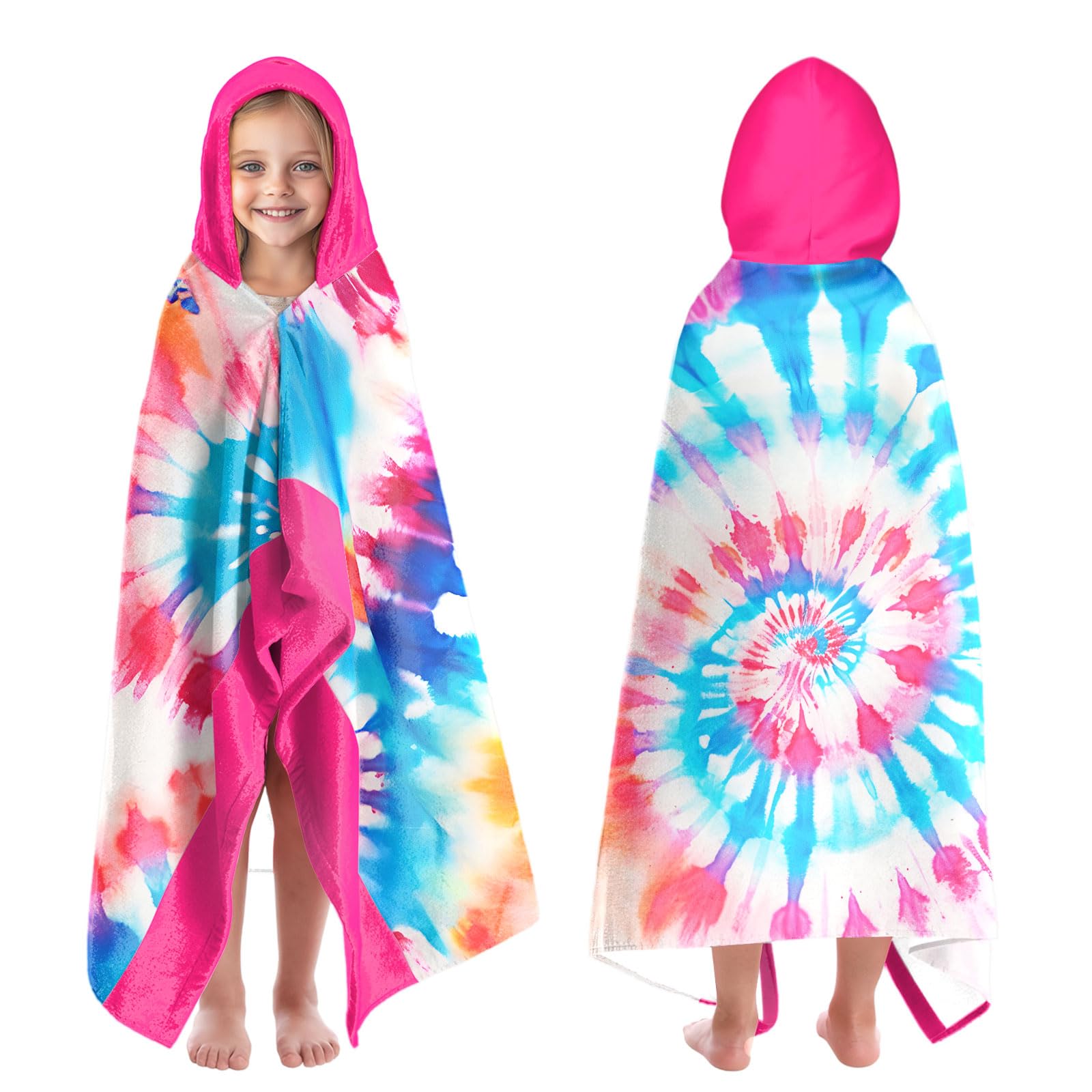 Jolof Store Kids Tie-dye Hooded Beach Towel | Quick-Dry Pink Bath Wrap