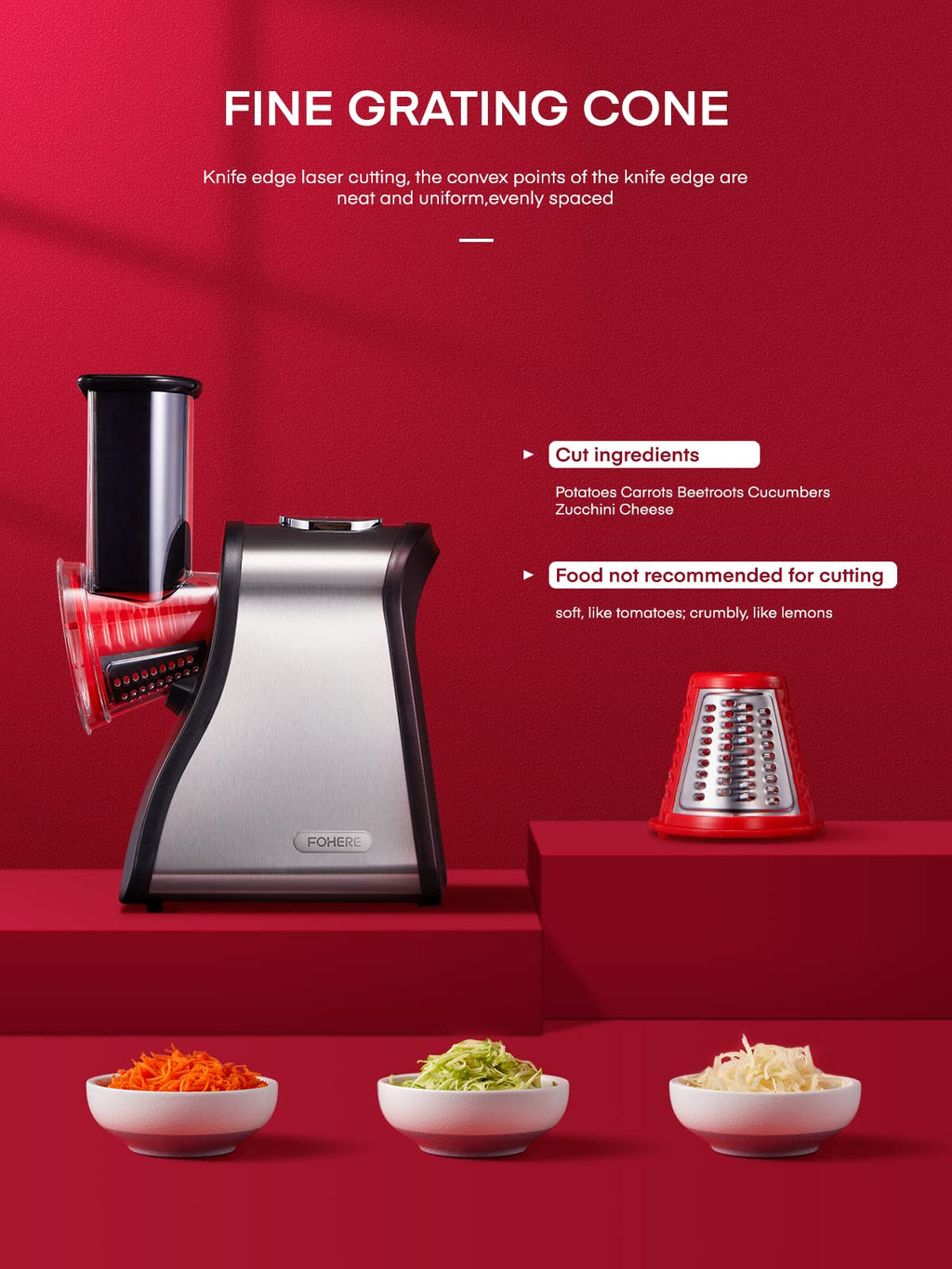 FOHERE 4-in-1 Electric Vegetable Grater & Salad Maker – 150W Motor