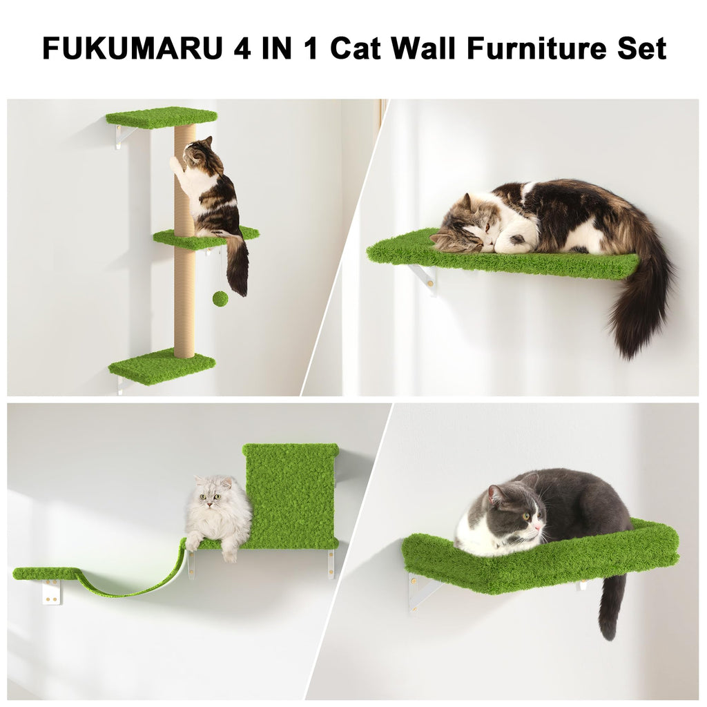 FUKUMARU 4-in-1 Cat Wall Shelves Set | Wooden Climbing Wall with Bed - Green
