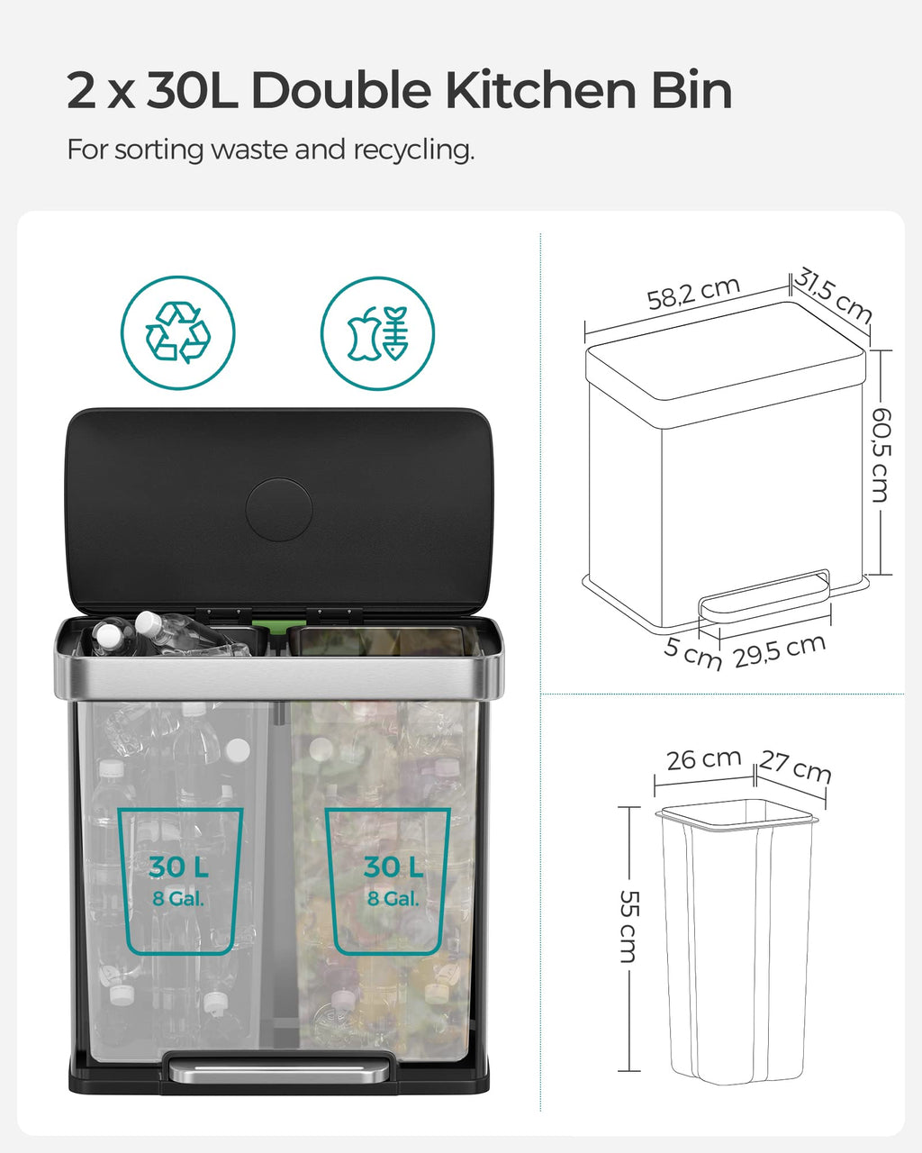 SONGMICS 60L Stainless Steel Kitchen Bin – Dual 30L Recycling Pedal Bin