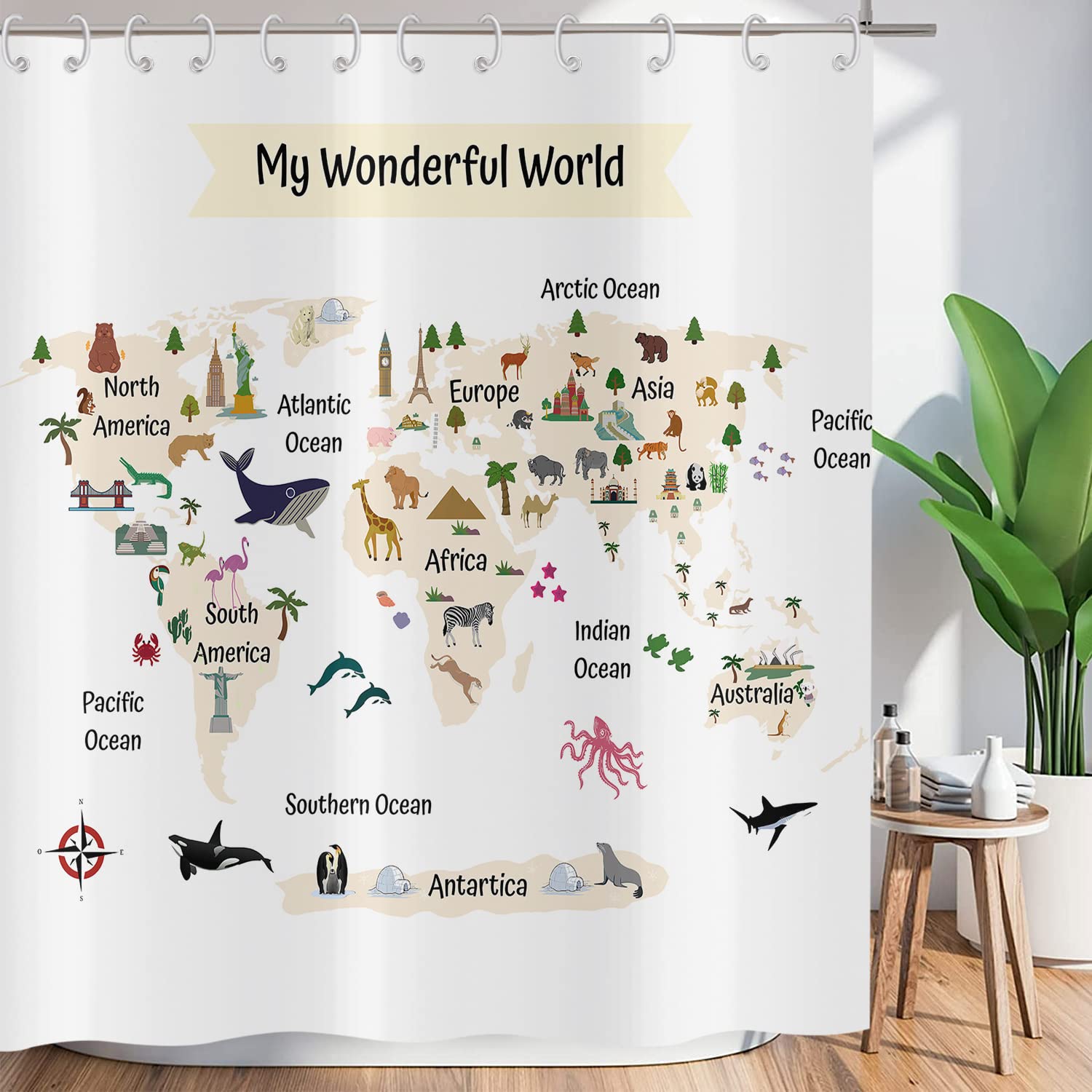 ASDCXZ World Map Animals Shower Curtain | Waterproof Polyester 180x180cm