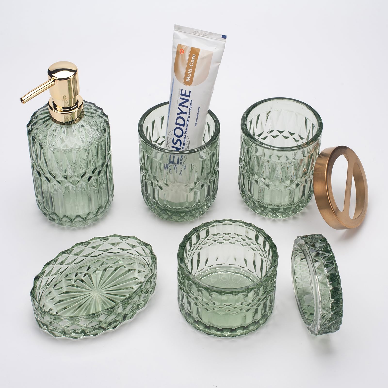 5-Piece Green Glass Bathroom Accessories Set – Vintage Decor
