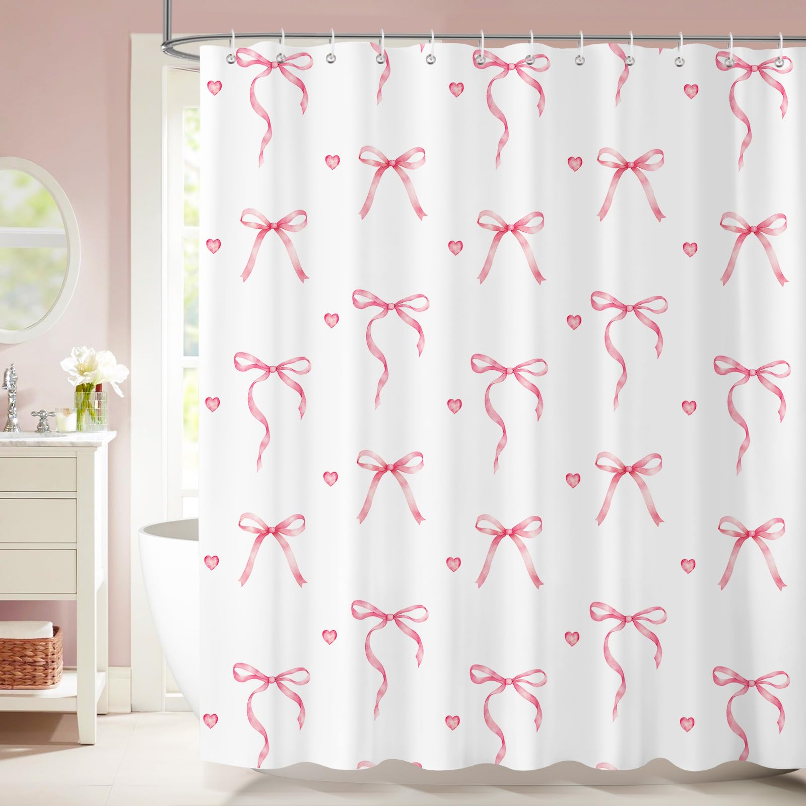 Dazzlewall Pink Bow Shower Curtain – 180x180cm Waterproof Polyester
