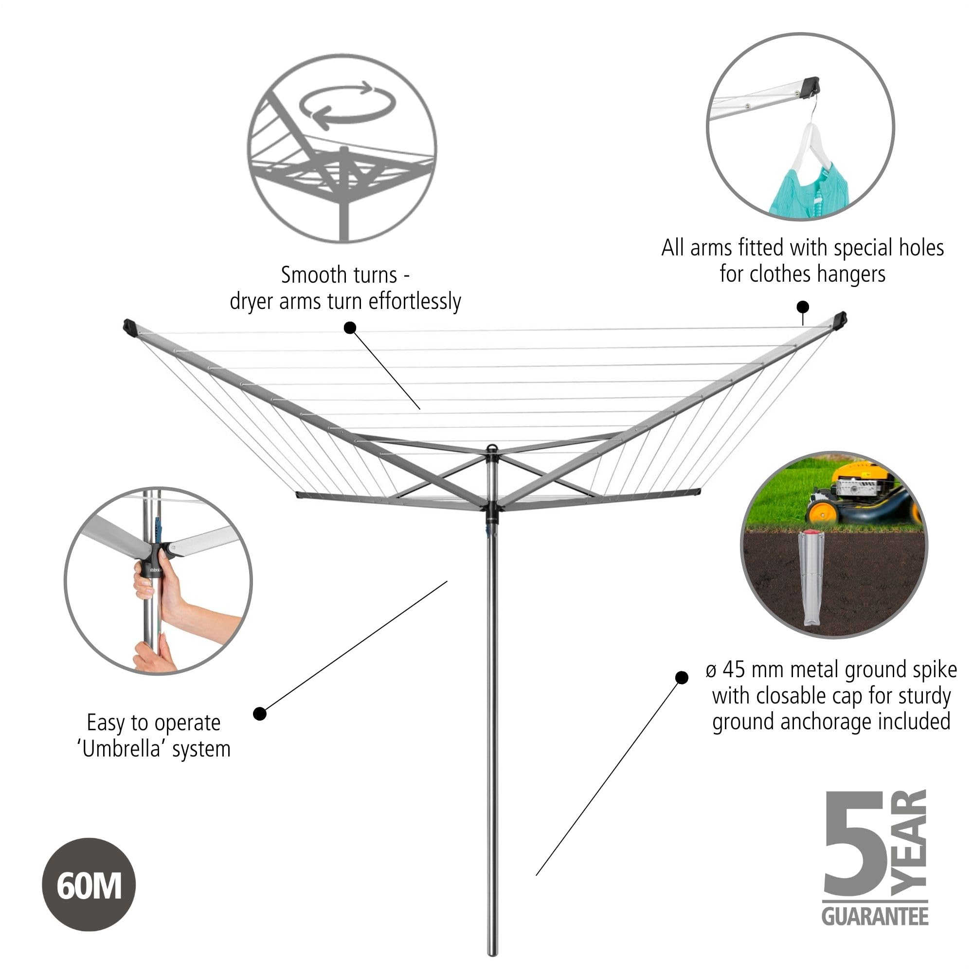 Brabantia Topspinner Rotary Washing Line | 60m Dryer with Ground Spike