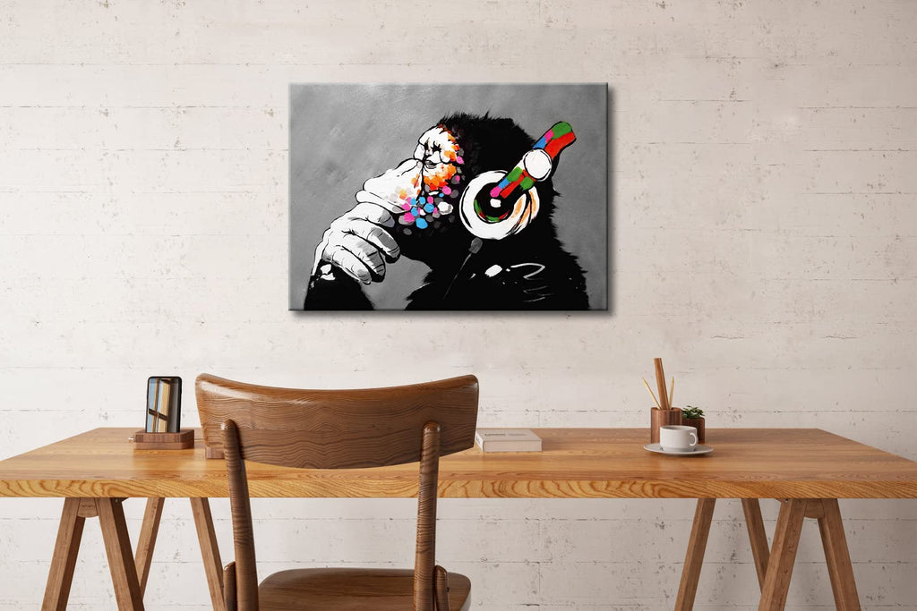 Banksy Monkey with Headphones Graffiti Canvas Art – 20x28in
