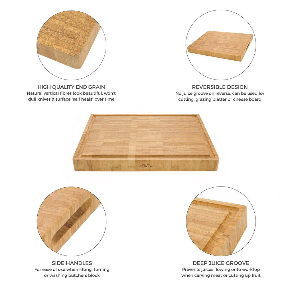 Dehaus End Grain Bamboo Chopping Board – Extra Large Butcher Block with Handles