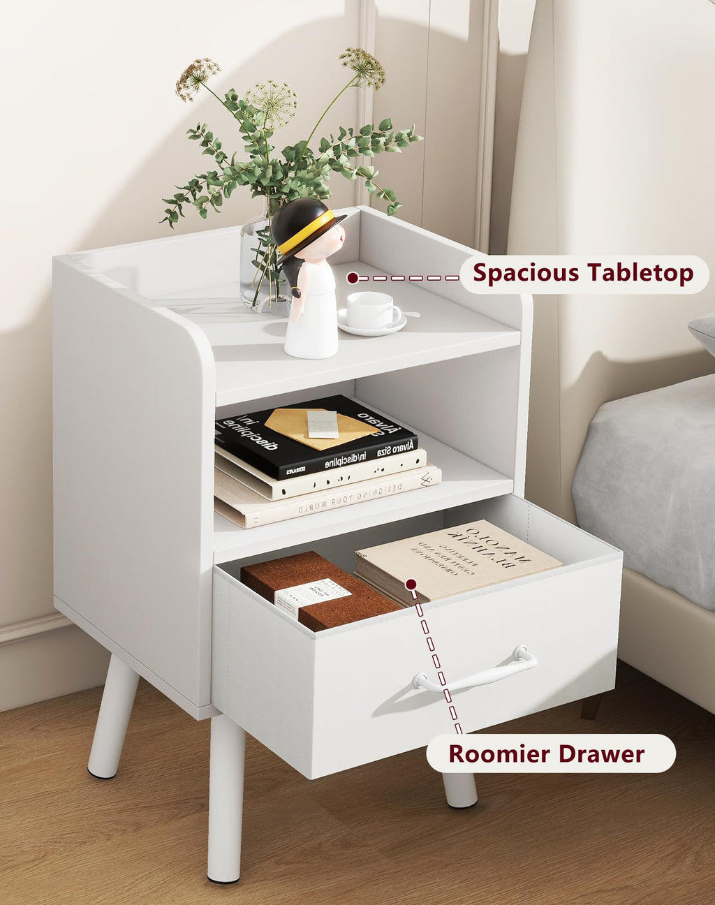 YMYNY Bedside Table Set of 2, Nightstand, Side Table, Wooden Sofa End Table with Fabric Drawer, Open Shelf, Solid Wood Legs, 39x29x63 cm, for Bedroom - image 4
