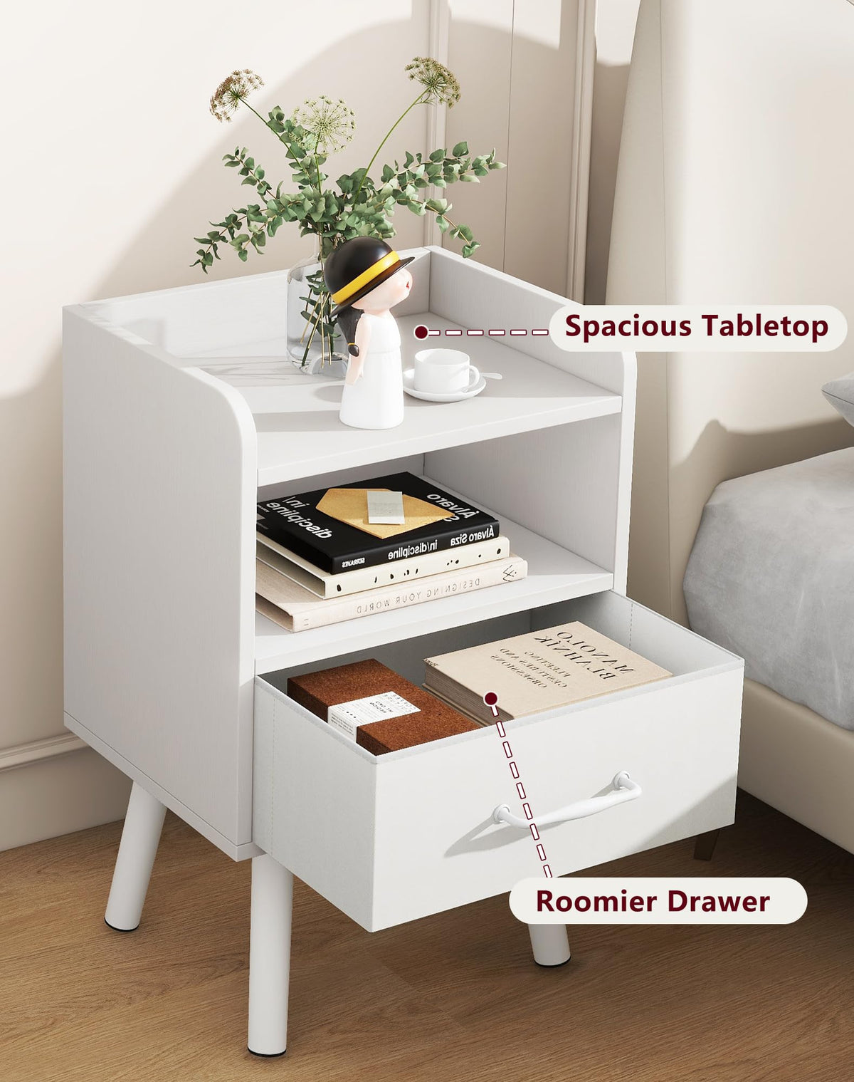 YMYNY Bedside Table Set of 2, Nightstand, Side Table, Wooden Sofa End Table with Fabric Drawer, Open Shelf, Solid Wood Legs, 39x29x63 cm, for Bedroom - image 4