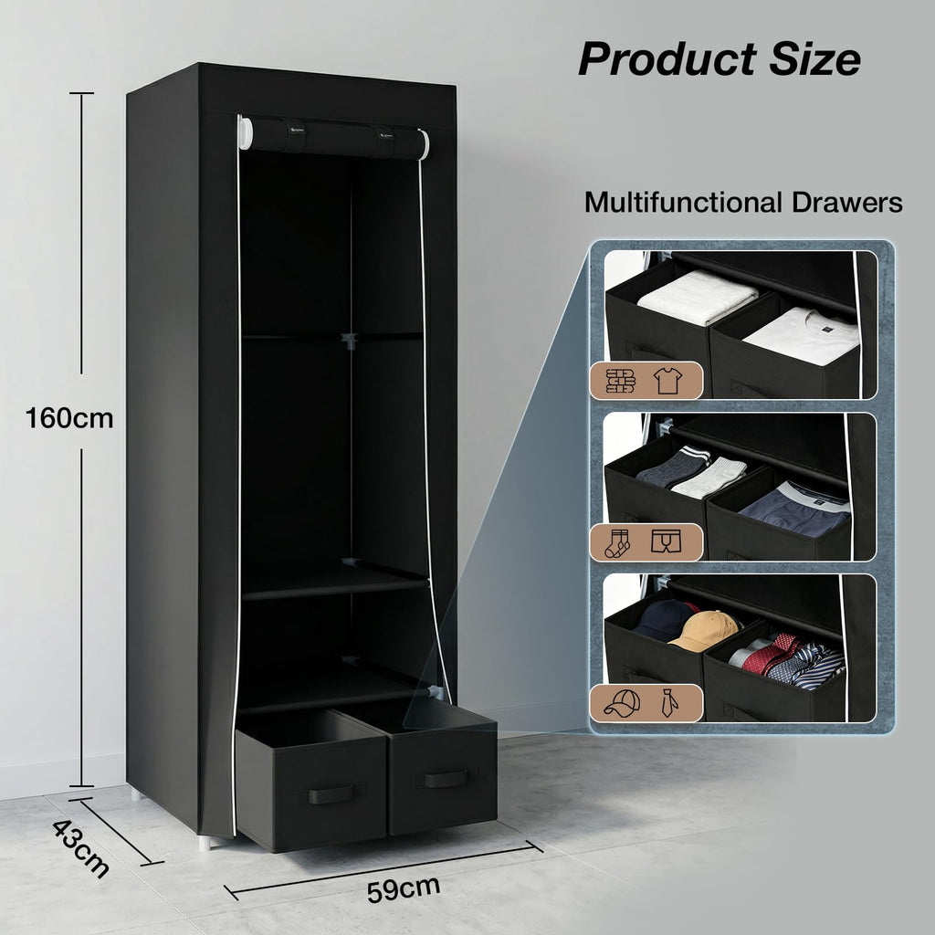 Single Canvas Wardrobe with 2 Drawers and Hanging Rail 160 x 59 x 43CM - image 5
