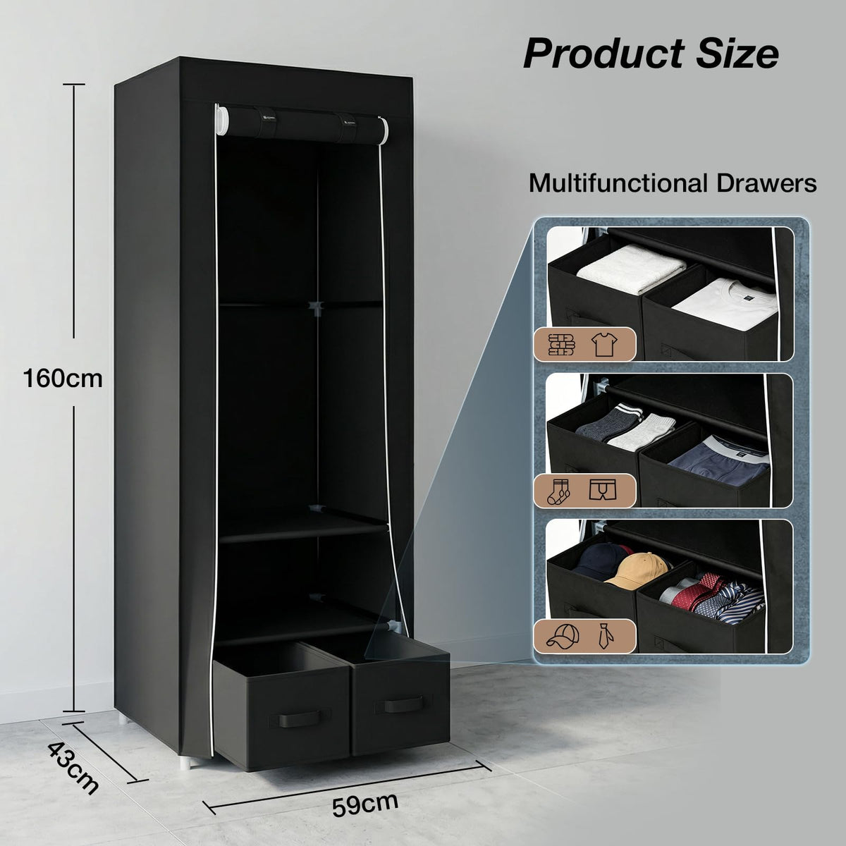 Single Canvas Wardrobe with 2 Drawers and Hanging Rail 160 x 59 x 43CM - image 5