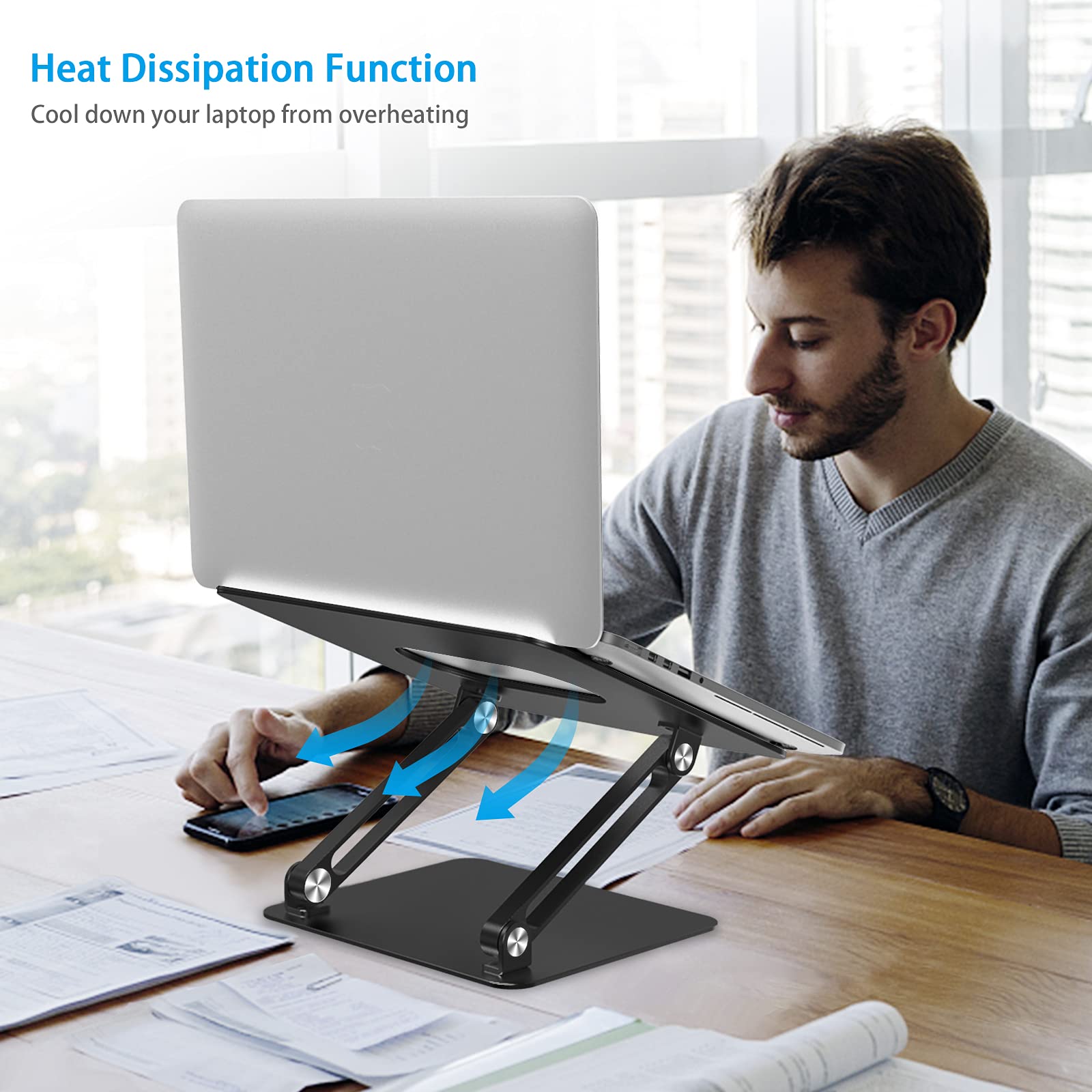 BoYata Adjustable Aluminum Laptop Stand – Ergonomic Cooling Riser (Black)