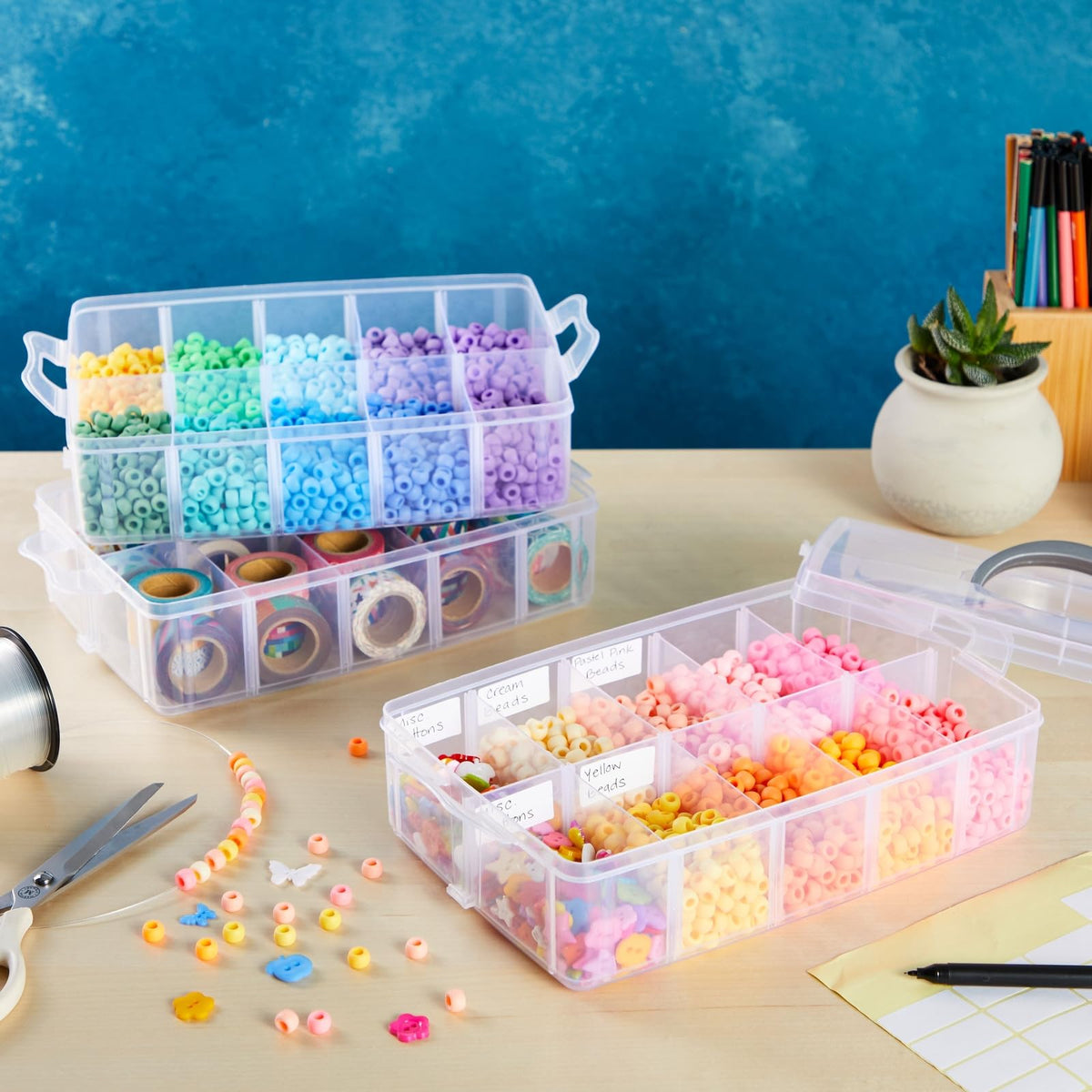 Bright Creations 3-Tier Stackable Plastic Craft Storage Containers with 30 Compartments and 40 Sticker Labels 9.5 x 6.5 x 7.2 Inch - image 3