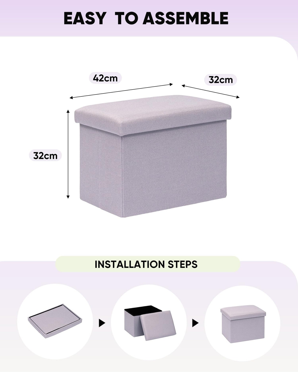 Bonlife Ottoman Storage Box - Foldable Rectangular Footstool for Living Room, Kids Toy Chest with Lid, Multi-Use Seat & Storage, Light purple - image 3