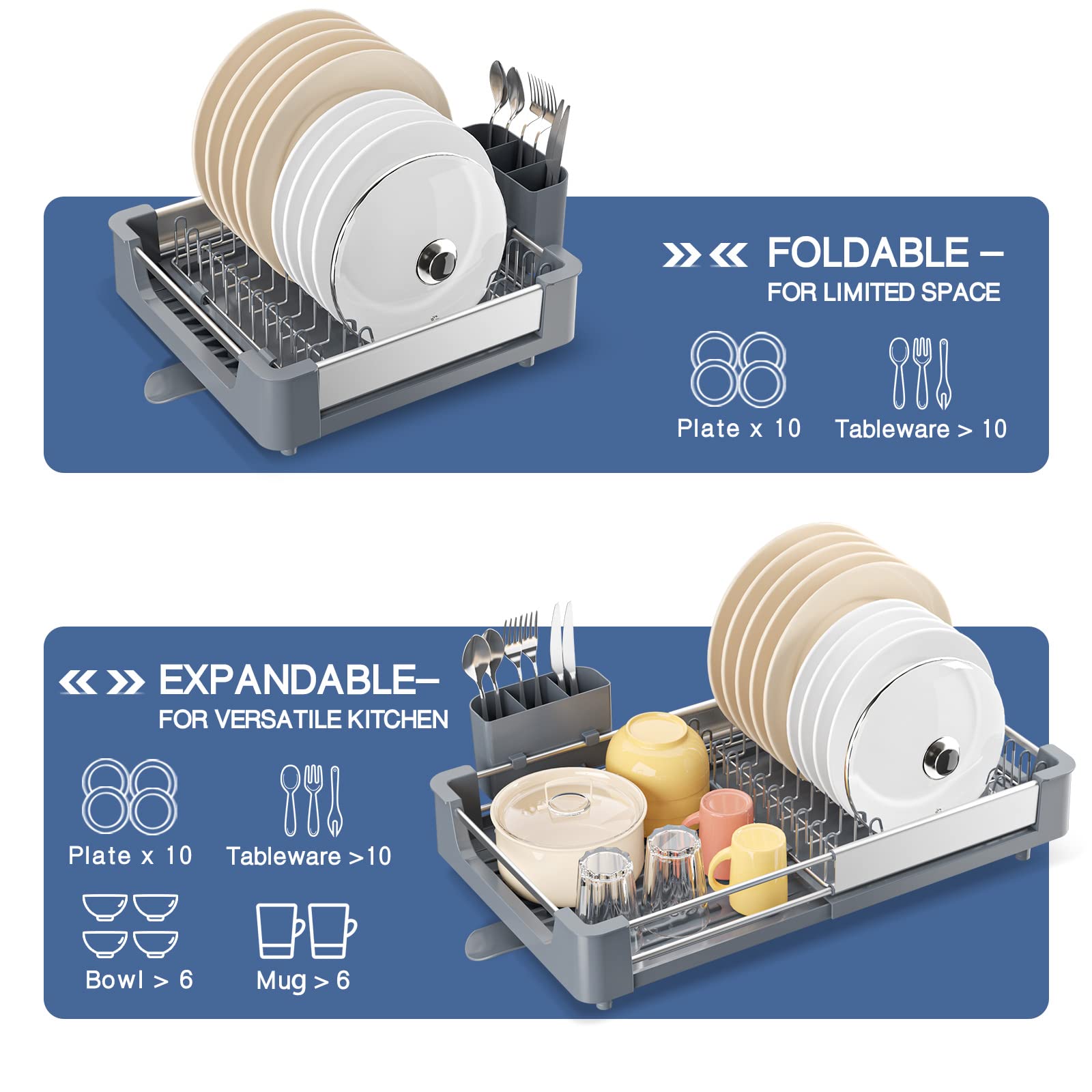 KINGRACK Expandable Dish Drying Rack | Stainless Steel Foldable Drainer