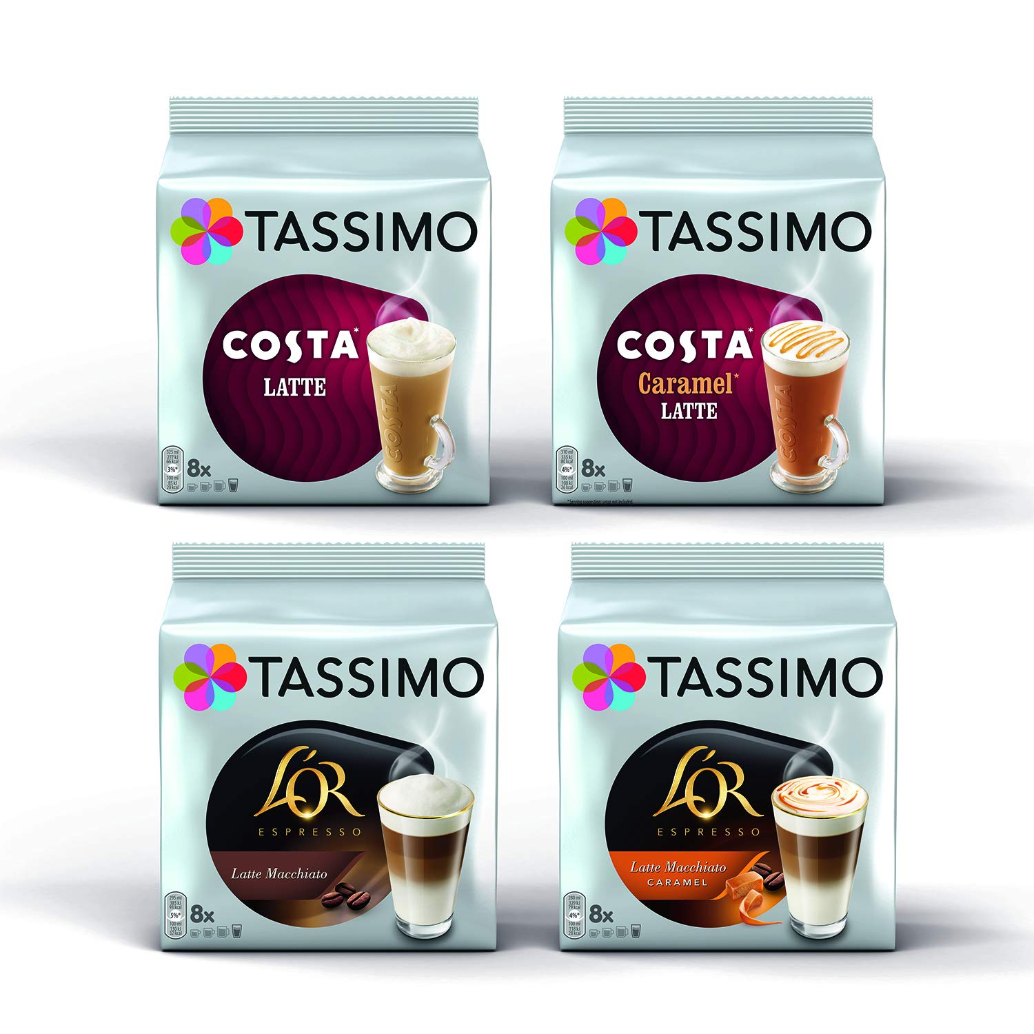 Tassimo Latte Coffee Pods Bundle - Costa & L'Or Macchiato - 32 Servings