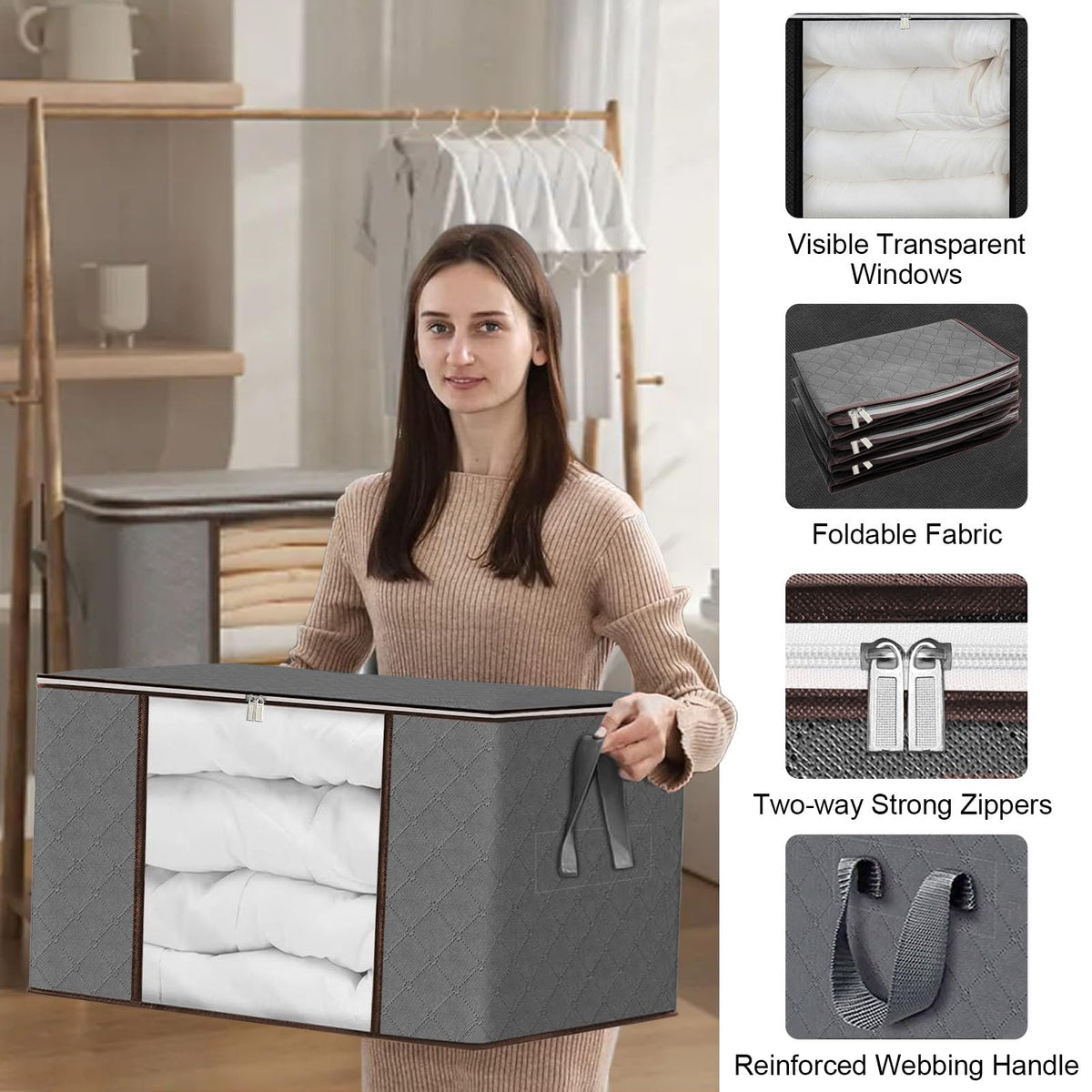 OFFSHIFTER Storage Bags - 90L - 6Pack 3 black and 3 grey, with Clear Window and Strong Zip, Reinforced Carry Handles, Collapsible when not in Use