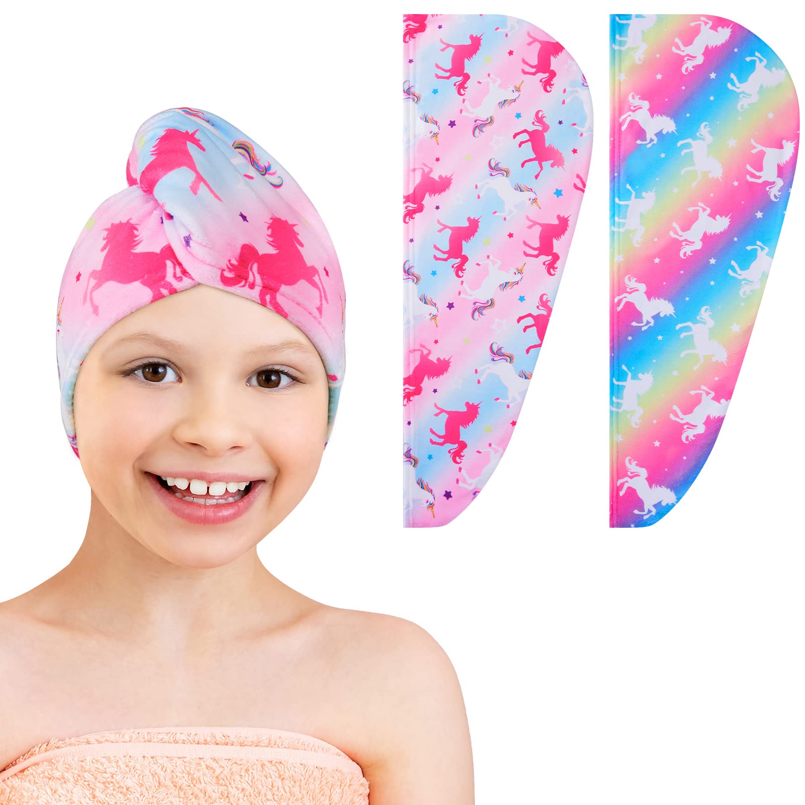WAWSAM 2 Pack Kids Microfiber Hair Towel Wrap | Quick Dry Unicorn Turban