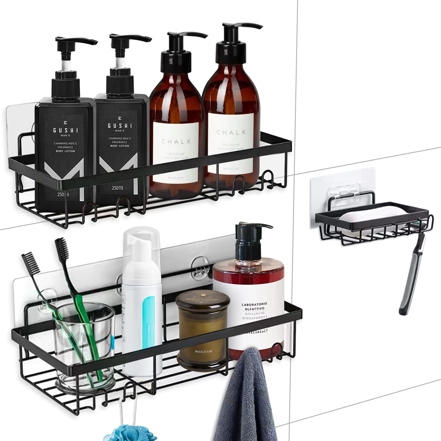 Malajess Shower Caddy 3-Pack | Rustproof Adhesive Wall Mount Organizer
