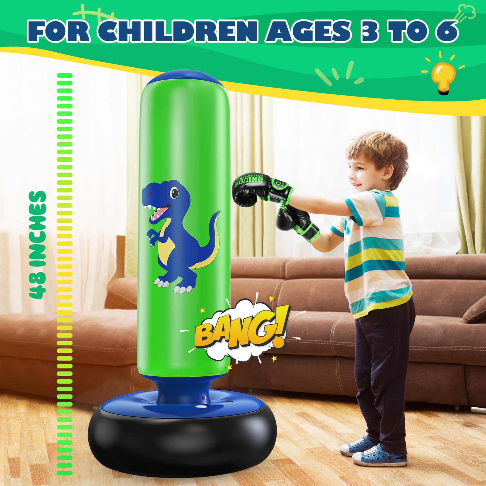 QPAU Inflatable Dinosaur Punching Bag - 48 Inch Kids Boxing Set for Ages 3-6