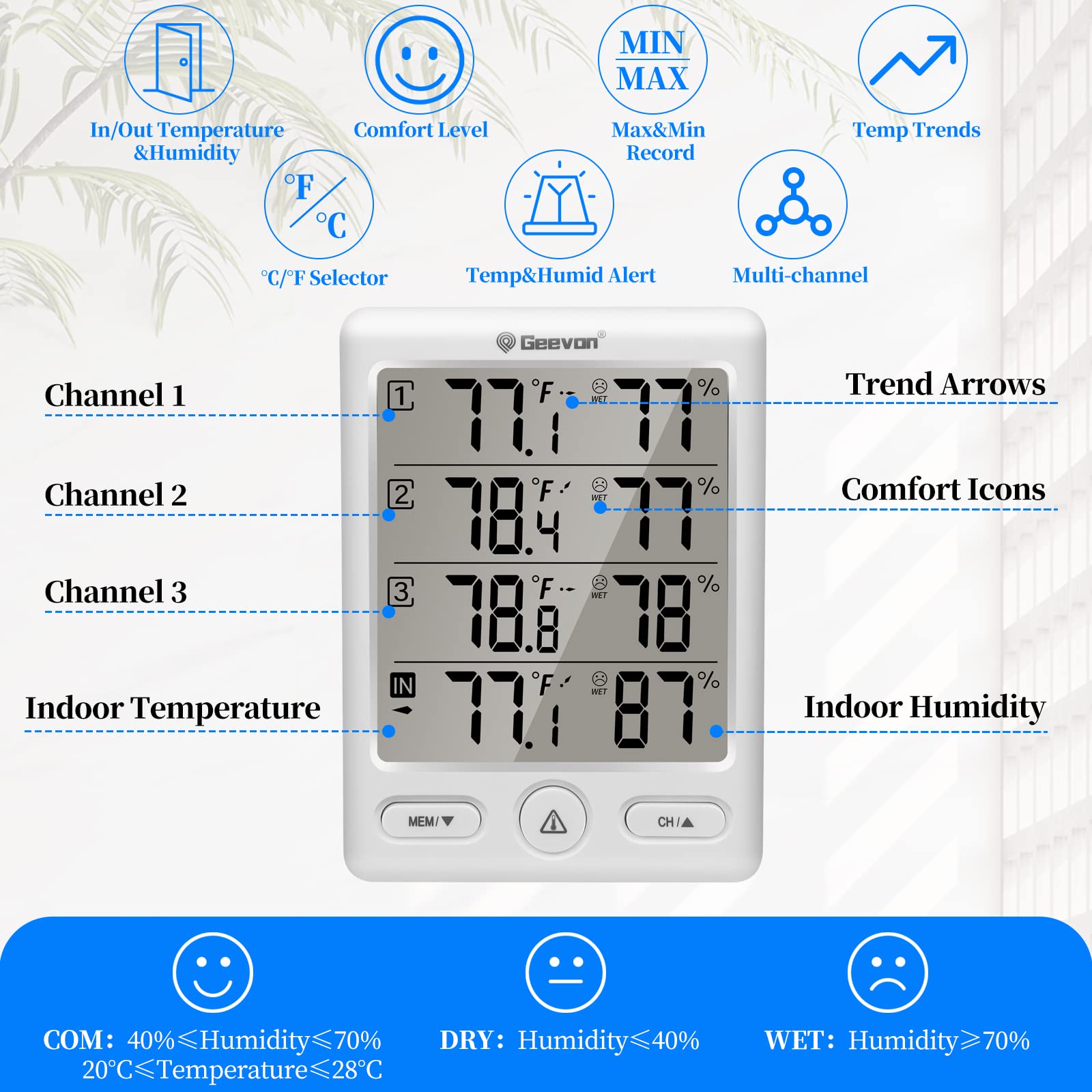 Geevon Wireless Indoor Outdoor Thermometer with 3 Remote Sensors & Hygrometer
